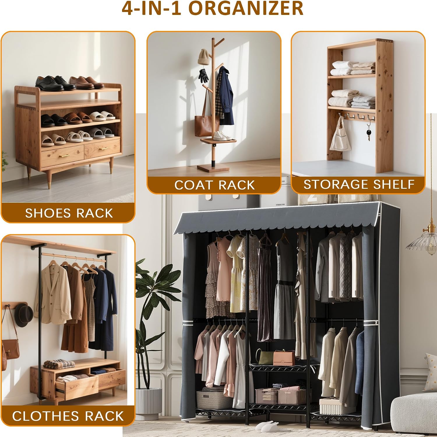 Heavy Duty Covered Clothes Rack Portable Closet Rack, Black Metal Clothing Rack with Grey Upgarded Polyester Cover, Adjustable Custom Freestanding Closet Wardrobe, Max Load 800LBS