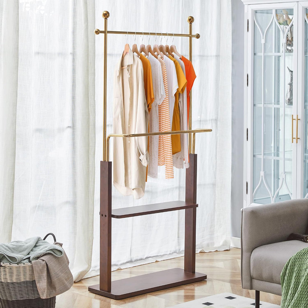 CHANCEE 68.9' Golden Stainless Steel and Walnut Solid Wood Double-Layer Coat Rack, Modern Freestanding Clothes Hanger with Storage Shelf, Multi-Functional Entryway Organizer Cabinet