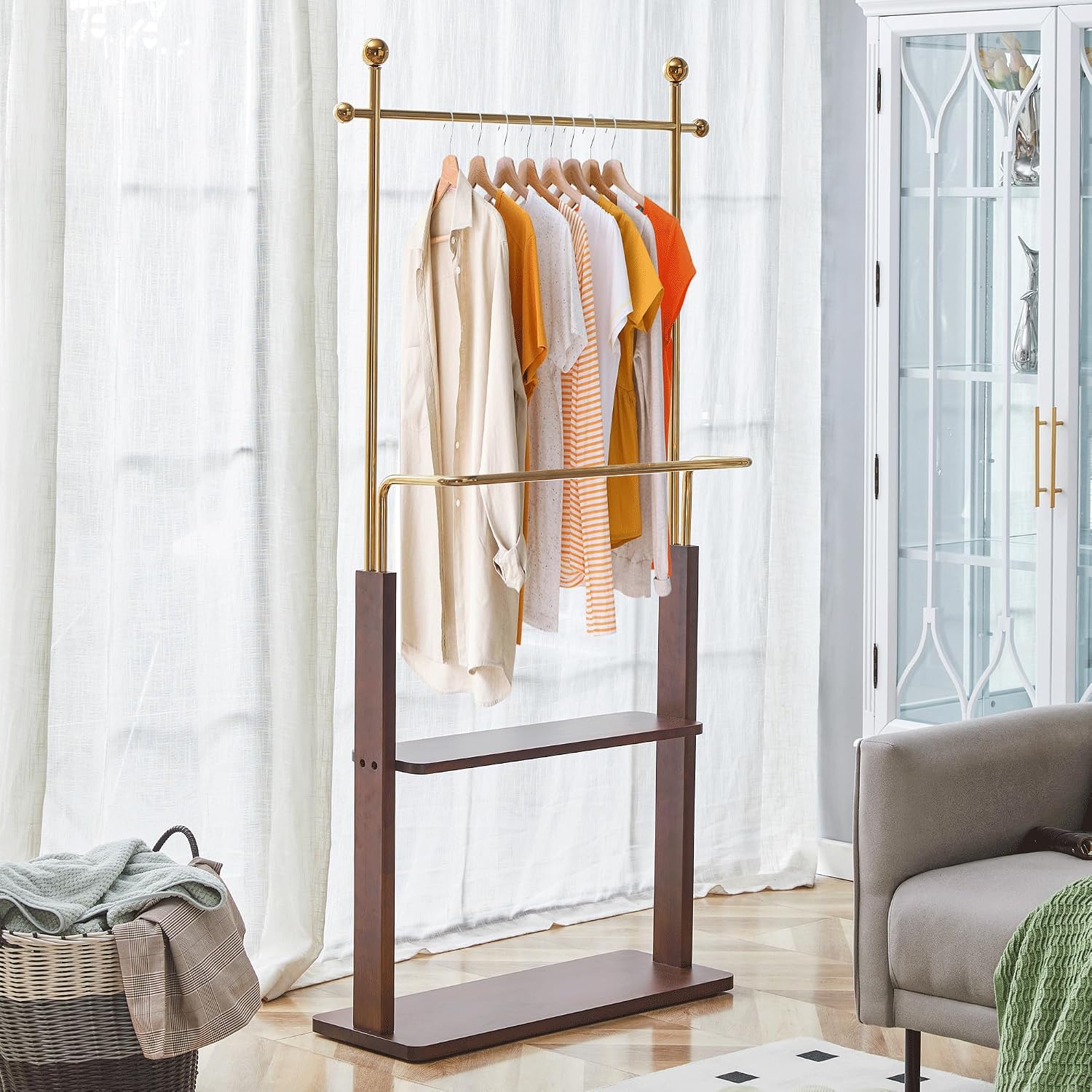 CHANCEE 68.9' Golden Stainless Steel and Walnut Solid Wood Double-Layer Coat Rack, Modern Freestanding Clothes Hanger with Storage Shelf, Multi-Functional Entryway Organizer Cabinet