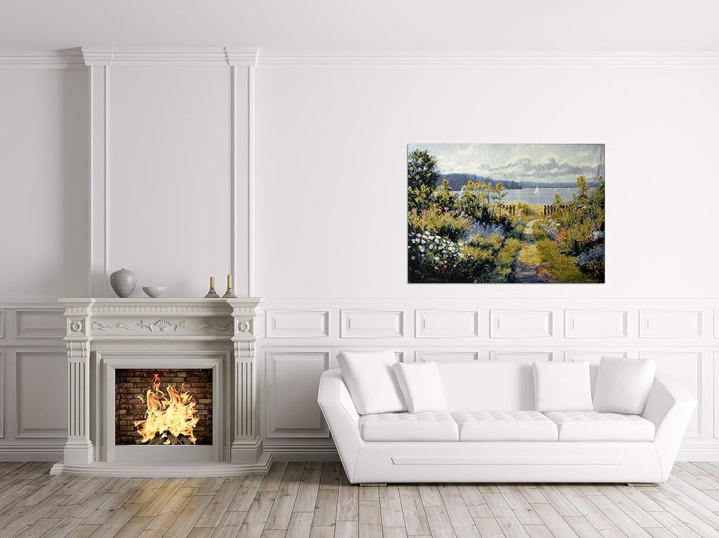 Garden View by Bruce F. McAdam | Woven Tapestry Wall Art Hanging | Scenic Coastal View from Lush Garden | 100% Cotton USA Size 53x38