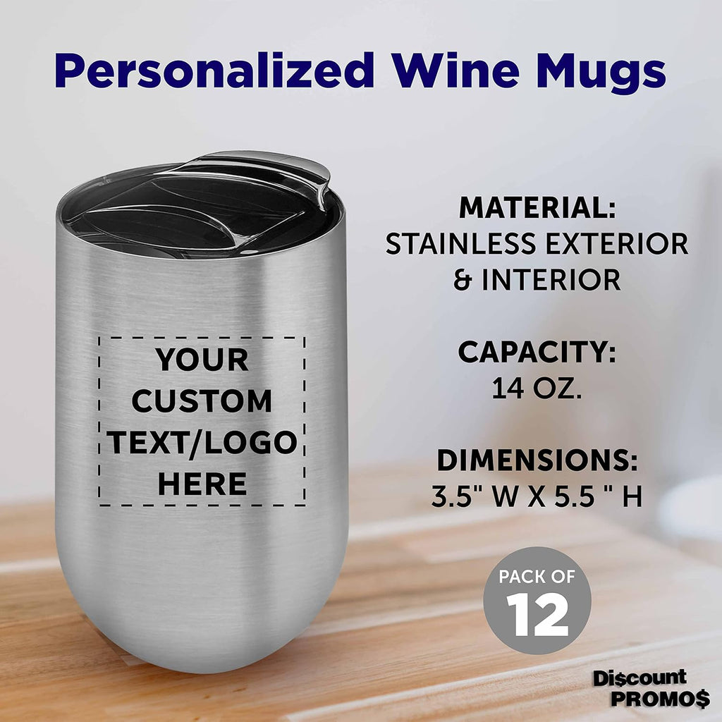 Custom Stainless Steel Mugs with Side Lock Lid Set of 12, Personalized Bulk Pack - Perfect for Coffee, Hot Chocolate, Iced Tea, Soda, Other Hot & Cold Beverages - Silver