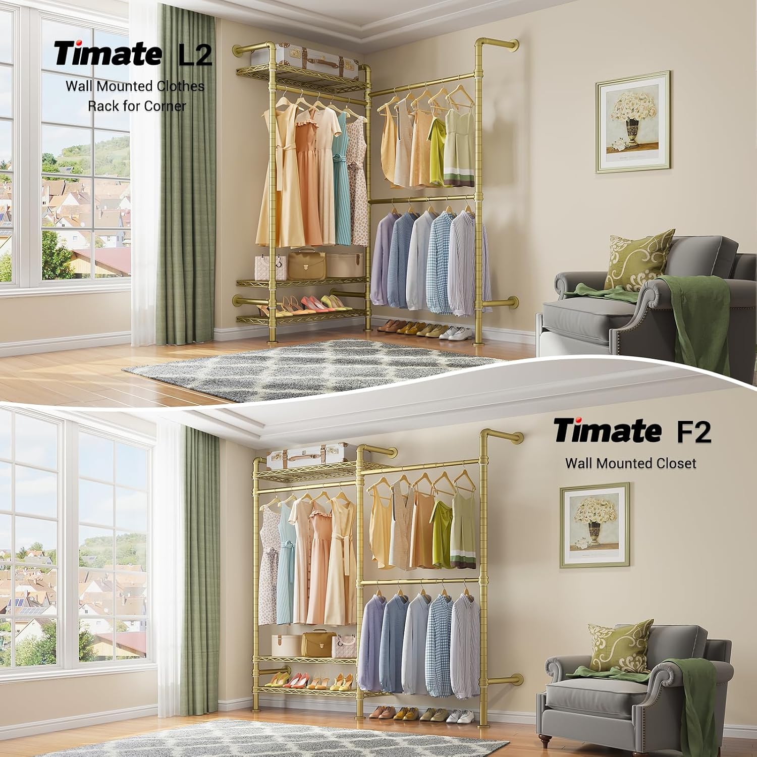 Timate L2 Wall Mounted Clothes Rack Industrial Pipe Clothing Rack for Hanging Clothes, Adjustable Expandable Garment Rack Heavy Duty Closet Organizer, Gold Mounted Closets Industrial Closet System