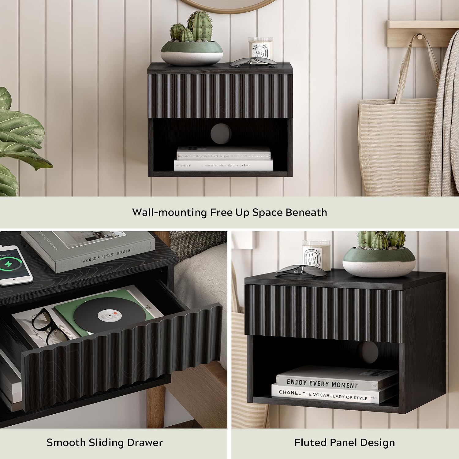 EYYTHUNG Fluted Floating Nightstand Set of 2 with Drawer, Modern Night Stand with Fluted Door and Open Storage Shelf Wall Mounted Bedside Table for Bedroom, Entryway Black