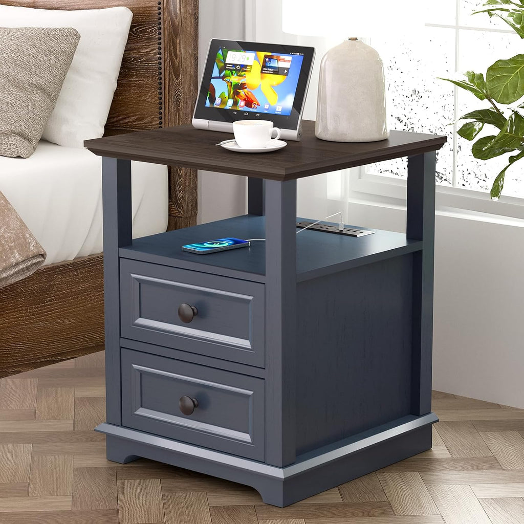 REDAYFUR 24' Tall Nightstand with Charging Station, 18' Bedside Table with Drawers,Rustic Wooden Storage Cabinet with Open Shelf for Bedroom,Blue
