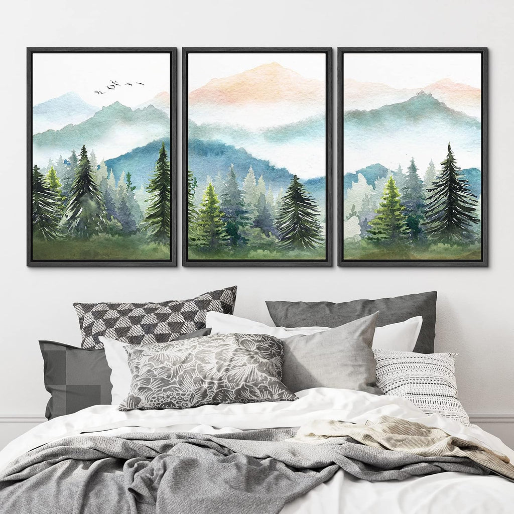 MUDECOR Framed Canvas Print Wall Art Set Watercolor Pastel Mountain Range Pine Tree Forest Nature Wilderness Illustrations Modern Art Floral Cozy for Living Room, Bedroom, Office - 24'x36'x3 Black