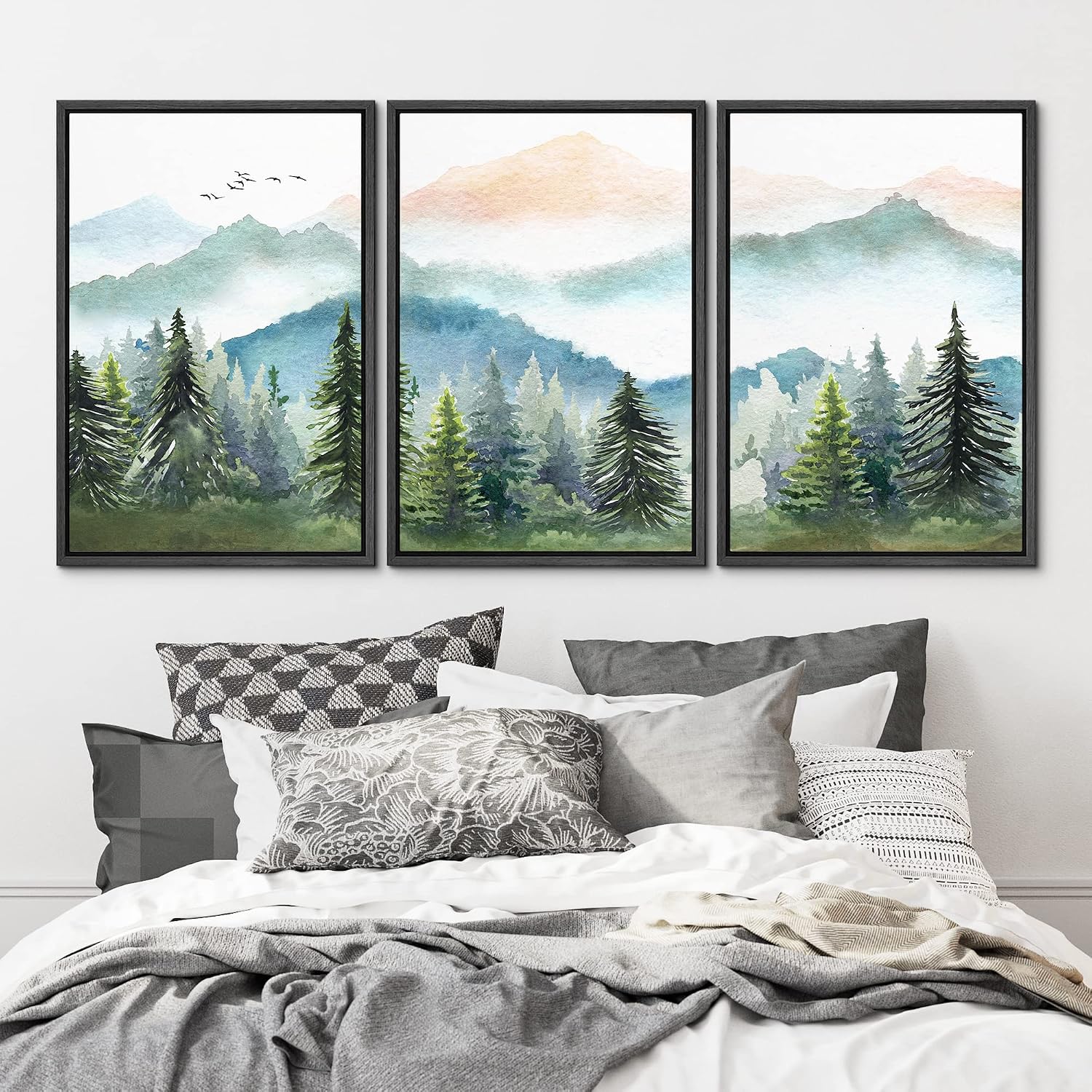 MUDECOR Framed Canvas Print Wall Art Set Watercolor Pastel Mountain Range Pine Tree Forest Nature Wilderness Illustrations Modern Art Floral Cozy for Living Room, Bedroom, Office - 24'x36'x3 Black