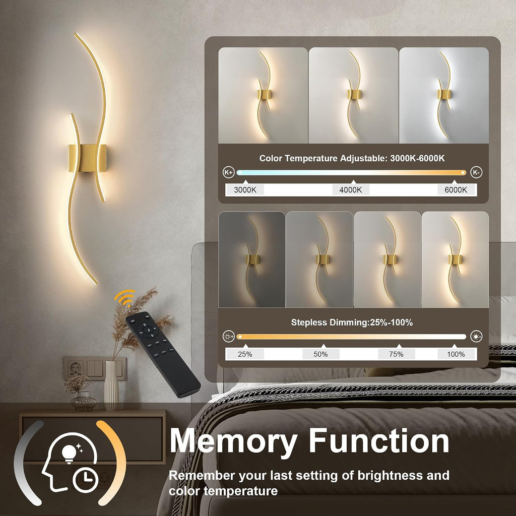 Battery Operated Wall Sconces Set of Two with Remote Control, Battery Wall Light, Stepless Colors 3000K-6000K & Dimming, Gold Rechargeable Wall Sconces for Living Room, Hallway, Bedroom, 39.3 Inch