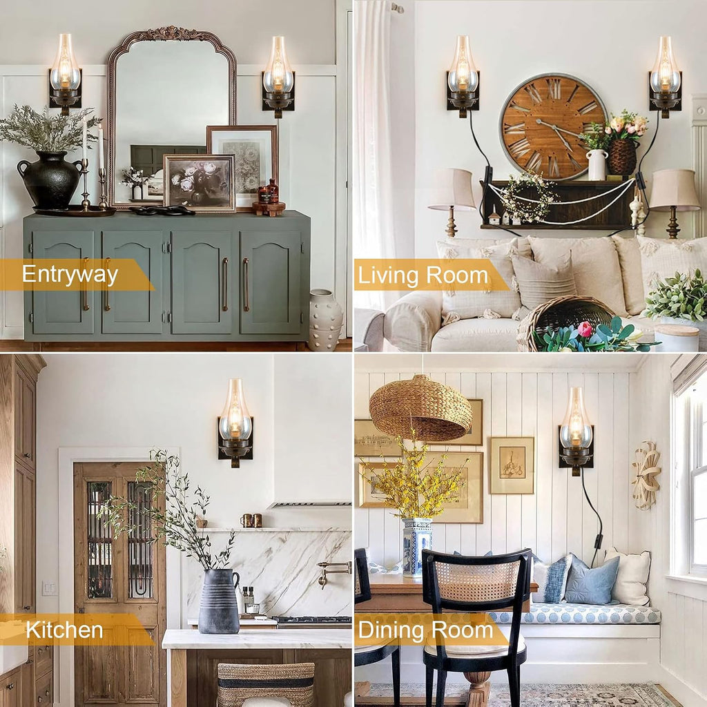 Yisuro Wall Sconces Sets of 2, Oil Rubbed Bronze Plug in Wall Sconce,Retro Rustic Wall Lamps,Sconces Wall Lighting with Amber Glass,Indoor Vintage Bedside Wall Lighting for Living Room Bathroom