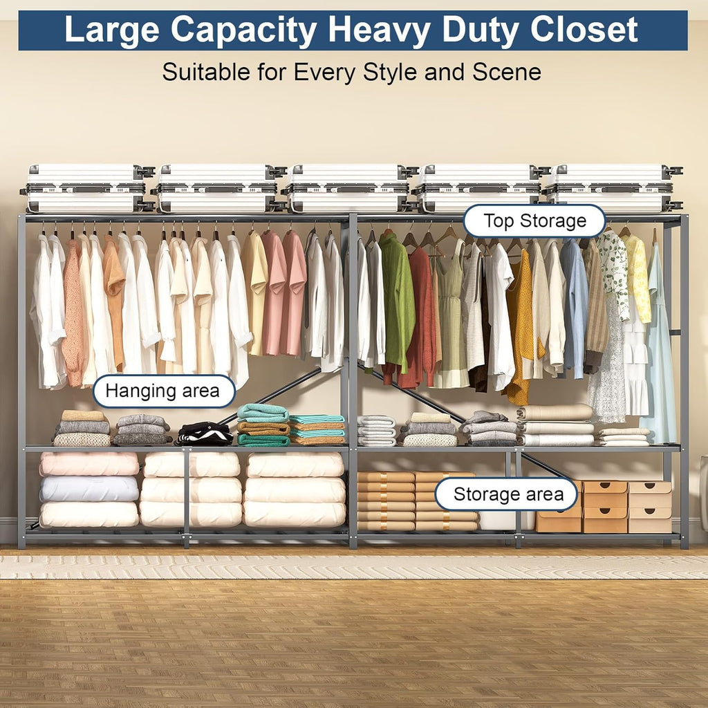 Heavy Duty Foldable Portable Wardrobe with Cover, Black Gray, 59.1' L x 70.9' H x 20.5' W, Freestanding Storage Clothes Rack for Bedroom