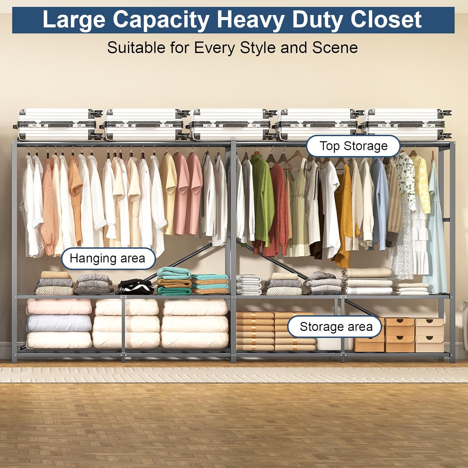 Heavy Duty Foldable Portable Wardrobe with Cover, Black Gray, 59.1' L x 70.9' H x 20.5' W, Freestanding Storage Clothes Rack for Bedroom
