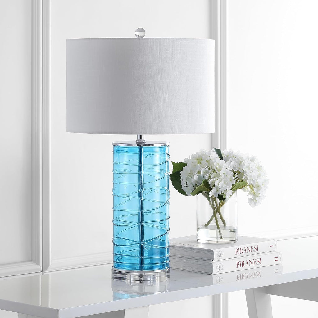 Eyely EYL4016A-SET2 Aria 27.5' Modern Fused Glass Cylinder LED Table Lamp for Reading Room, Living Room, Office, Bedroom, Transitional, Coastal, Glam, Turquoise (Set of 2)