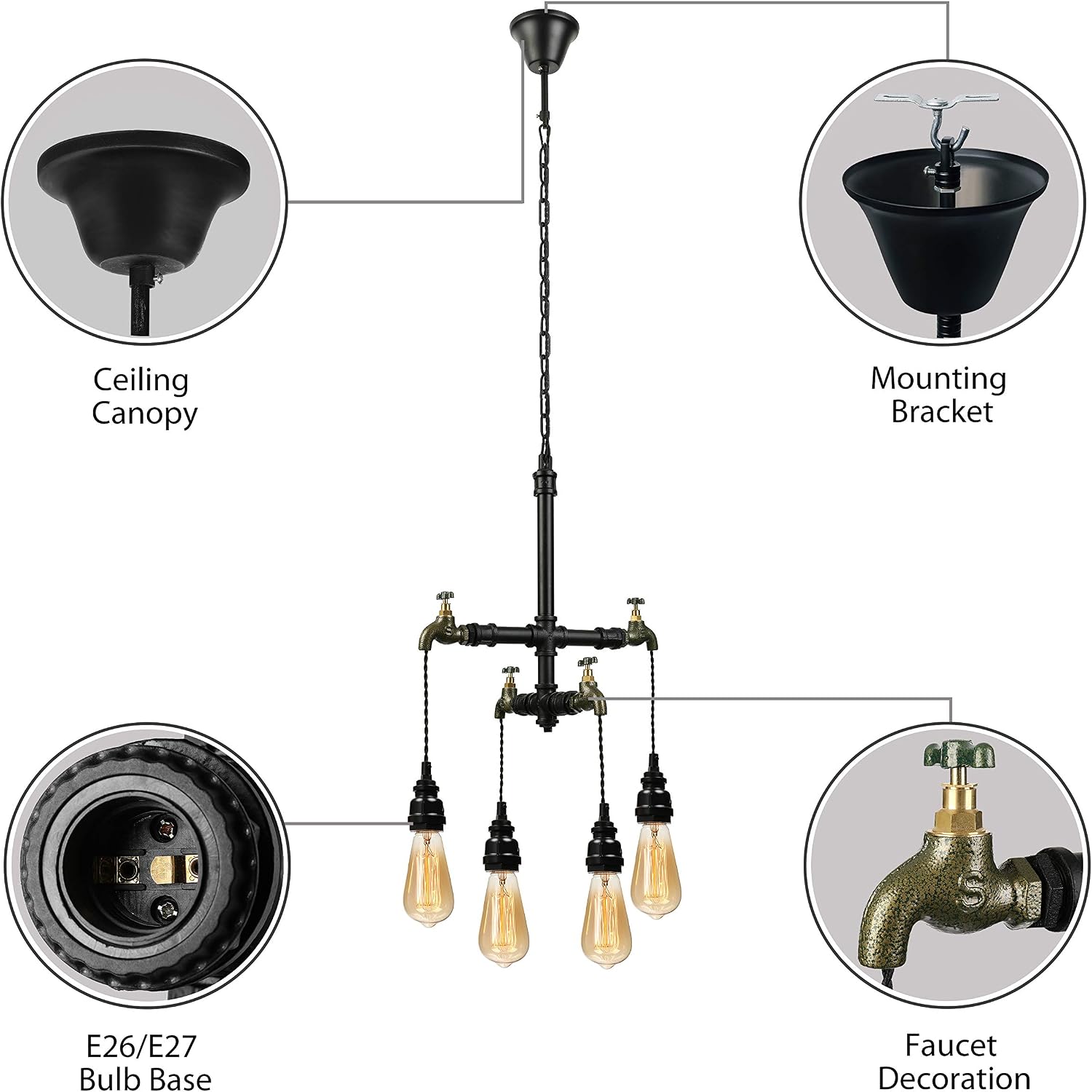 4-Light Antique Industrial Tap Wrought Iron Pendant Chandelier Lighting Vintage Steampunk Water Pipe Shaped Retro Loft Hanging Lamp Fixture Rustic Lighting 444813