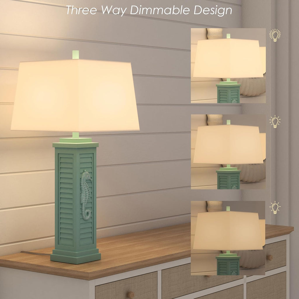 Lux Lighting Sea Horse Shutter 32' Teal Blue/Green Coastal Lamp with USB Charging Port (Set of 2) 3-Way Switch