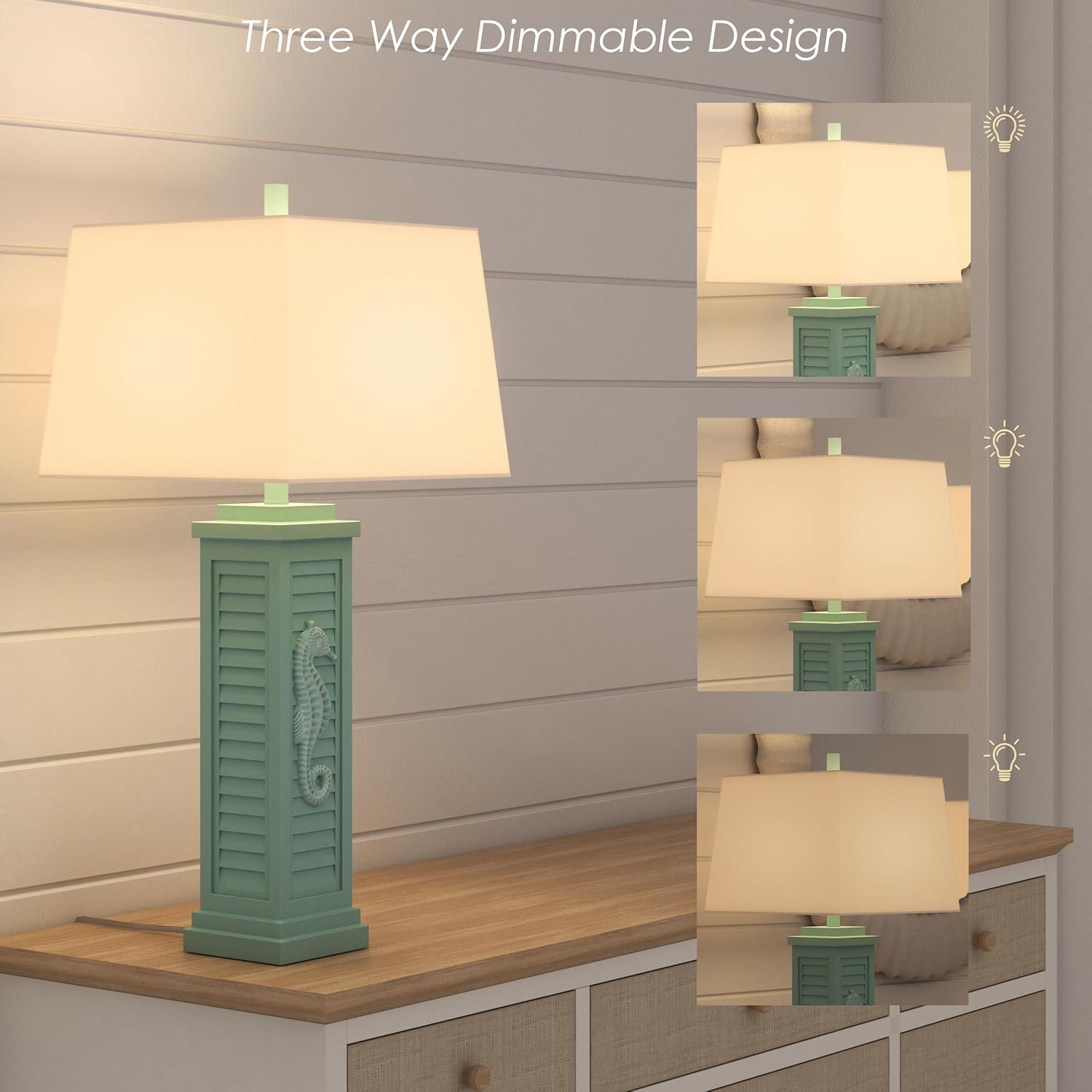 Lux Lighting Sea Horse Shutter 32' Teal Blue/Green Coastal Lamp with USB Charging Port (Set of 2) 3-Way Switch