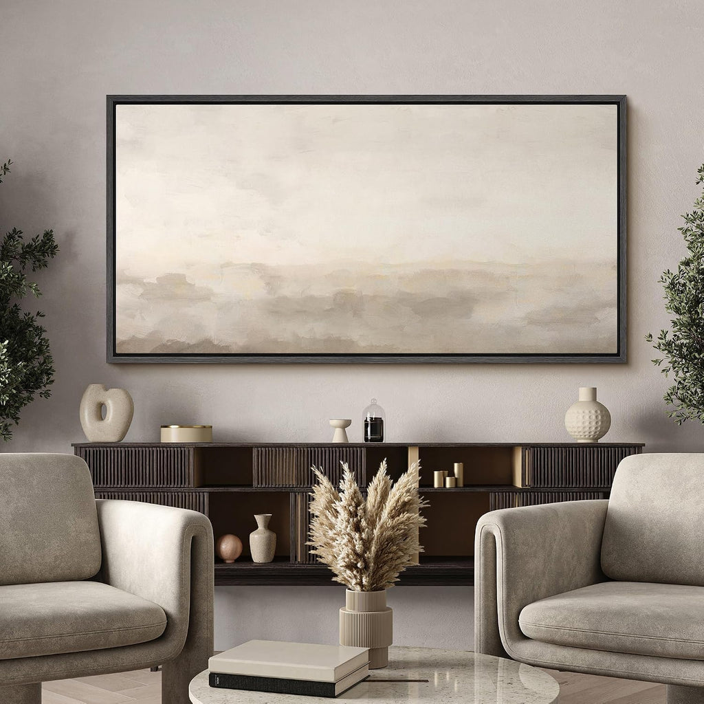 MUDECOR Extra Large Framed Canvas Print Wall Art Soft Neutral Horizon Minimal Abstract Landscape Antique Ready to Hang Painting for Living Room Bedroom Multi-Sizes - 60'x30'