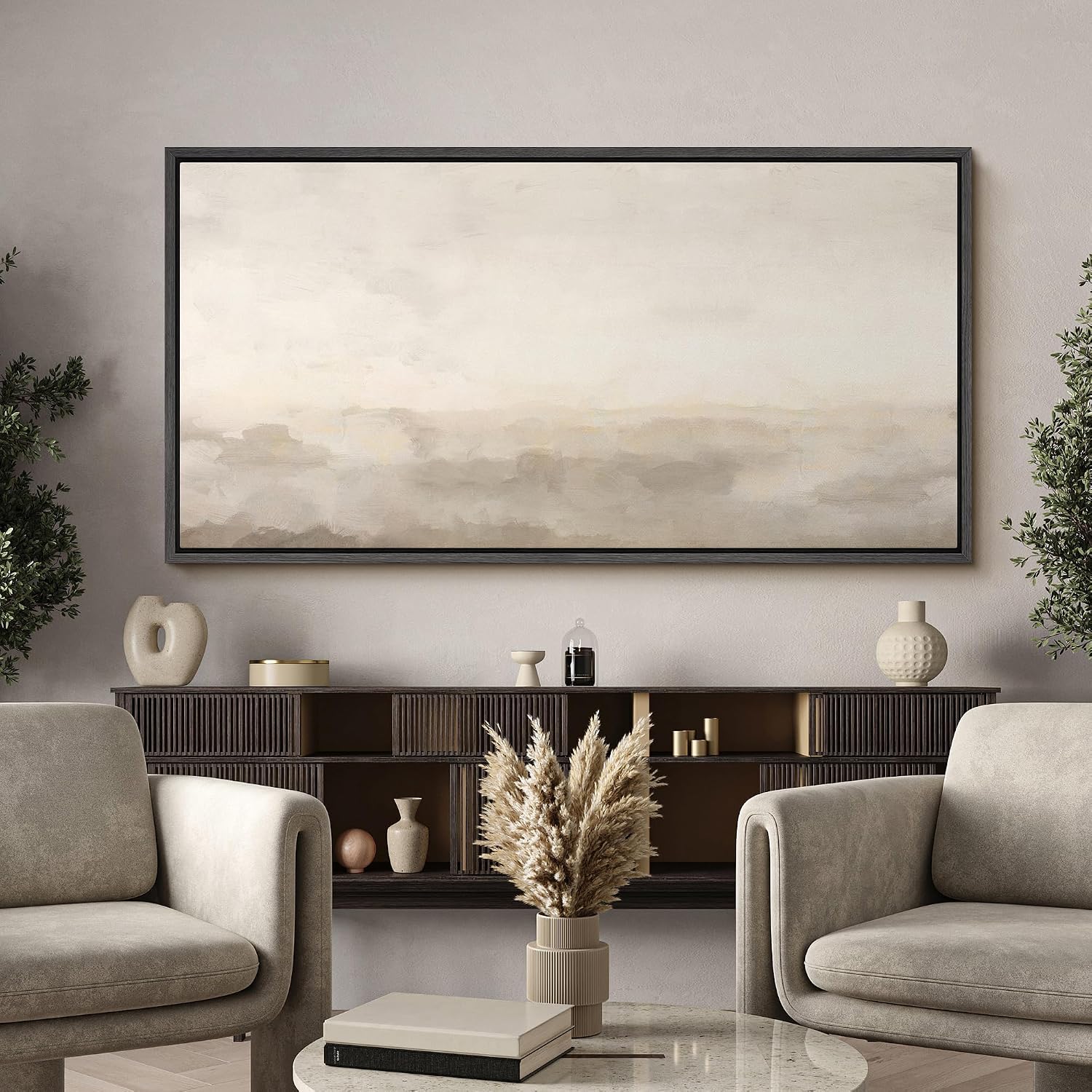 MUDECOR Extra Large Framed Canvas Print Wall Art Soft Neutral Horizon Minimal Abstract Landscape Antique Ready to Hang Painting for Living Room Bedroom Multi-Sizes - 60'x30'