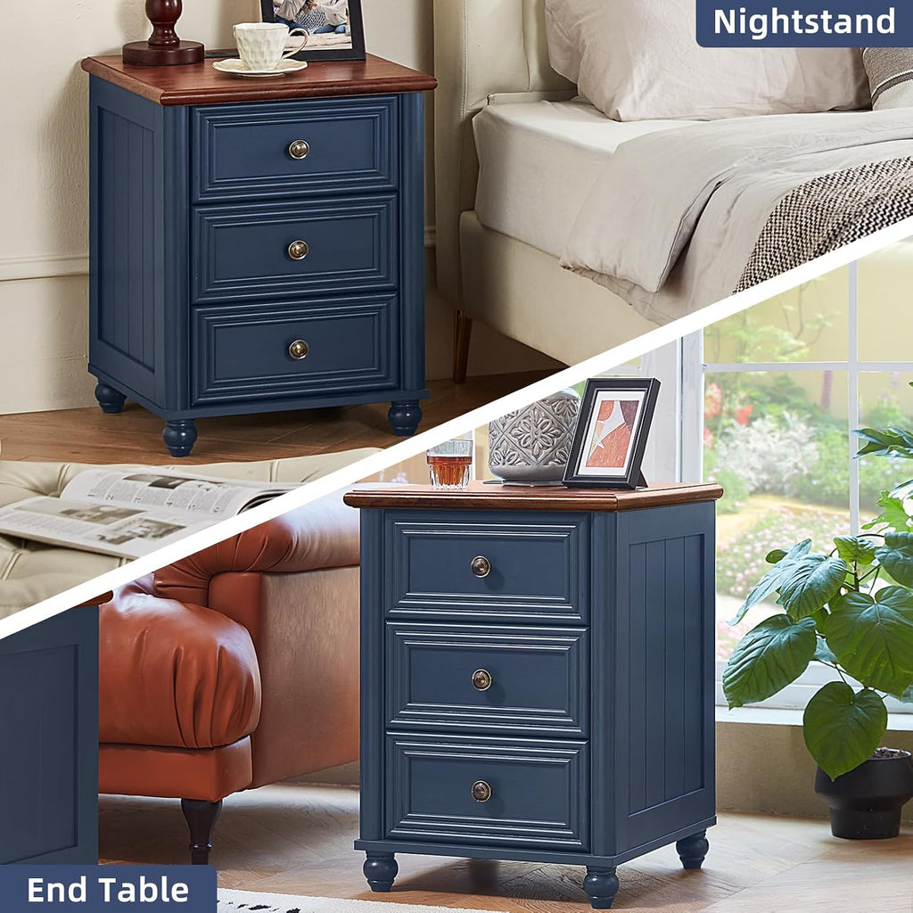 RWYHG 18' Farmhouse Nightstand Set 2 with Charging Station and USB Port, Blue Night Stand with 3 Drawers, Wood Bedside End Table with Storage, Bed Side Tables for Bedroom Living Room and Closet
