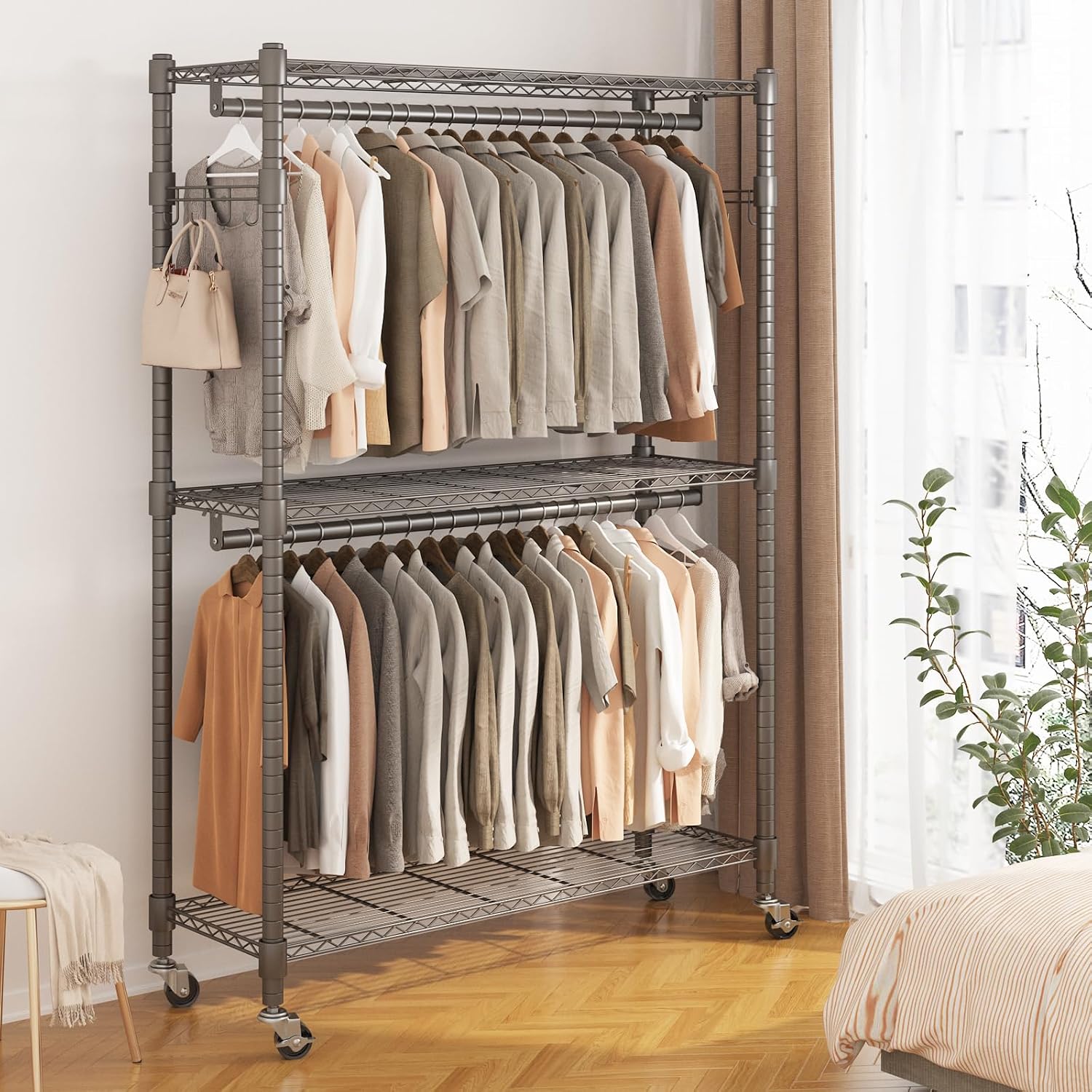 BATHWA Clothes Racks for Hanging Clothes, 25 mm tube Heavy Duty 47.3'W x 17.7'D x 80.7'H Large Wardrobe Rack with Shelves & Wheels Rolling Multifuctional for Bedroom Laundry Walk-in Closet Organizer