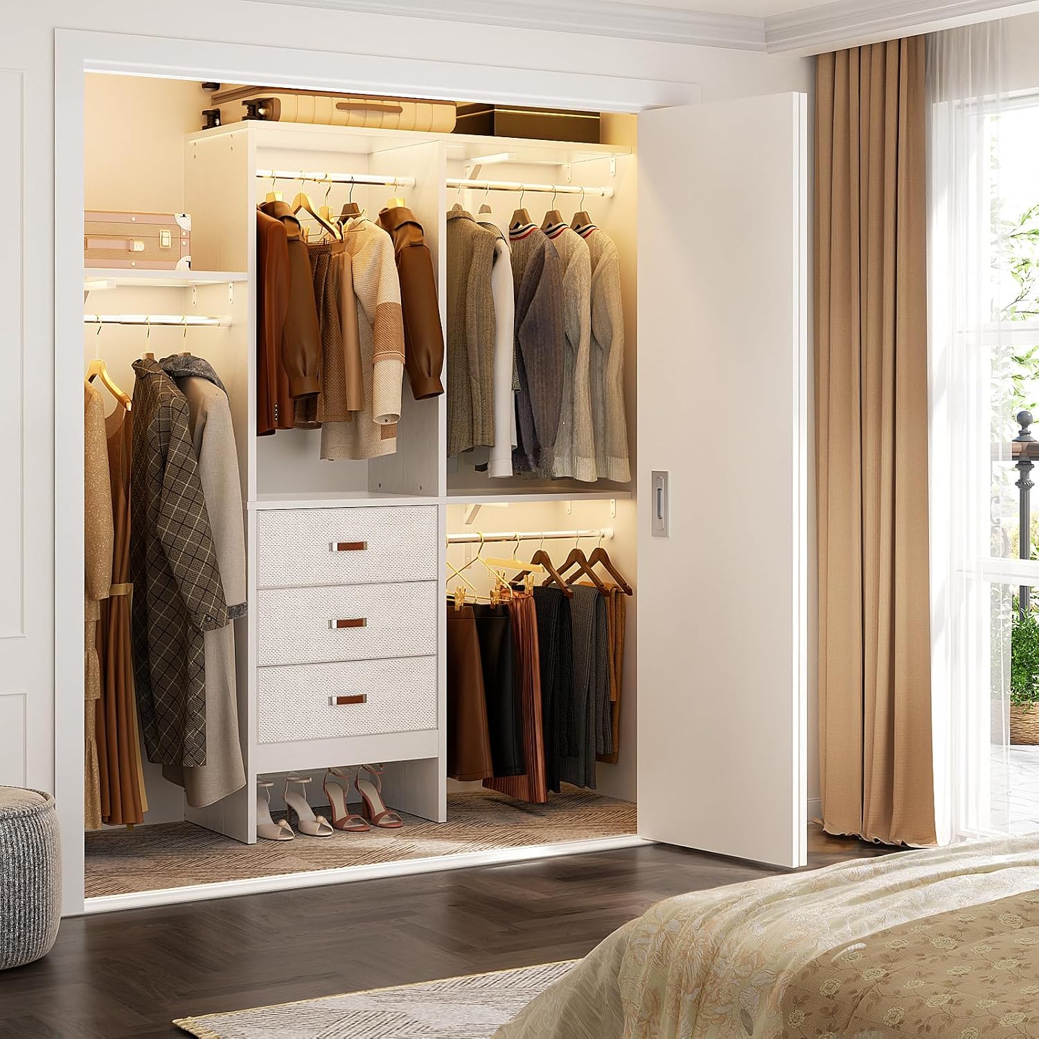 Armocity 5FT Small Closet System with 3 Fabric Drawers, 60 Inches Walk In Closet Organizer System With 3 Adjustable Shelves, Heavy Duty Clothes Rack Built-In Garment Rack, 59' L x 16' W x 71' H, White