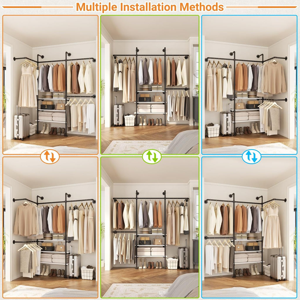 Cyclysio Industrial Pipe Clothing Rack, Reversible 7.25FT Wall Mounted Clothes Rack, Heavy Duty Garment Racks Closet Wardrobe with LED Lights& Shelves, Walk-in Closet System, White