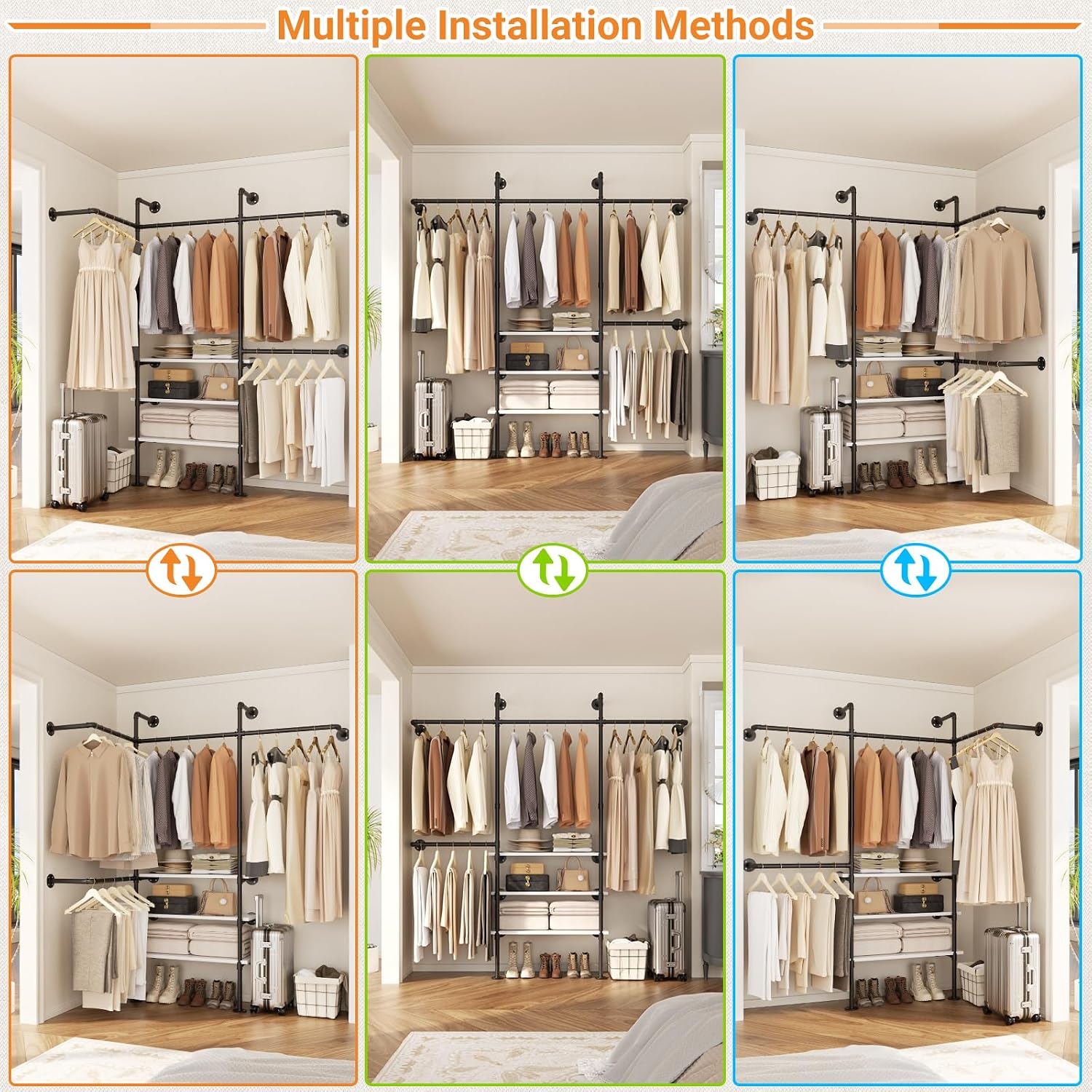 Cyclysio Industrial Pipe Clothing Rack, Reversible 7.25FT Wall Mounted Clothes Rack, Heavy Duty Garment Racks Closet Wardrobe with LED Lights& Shelves, Walk-in Closet System, White