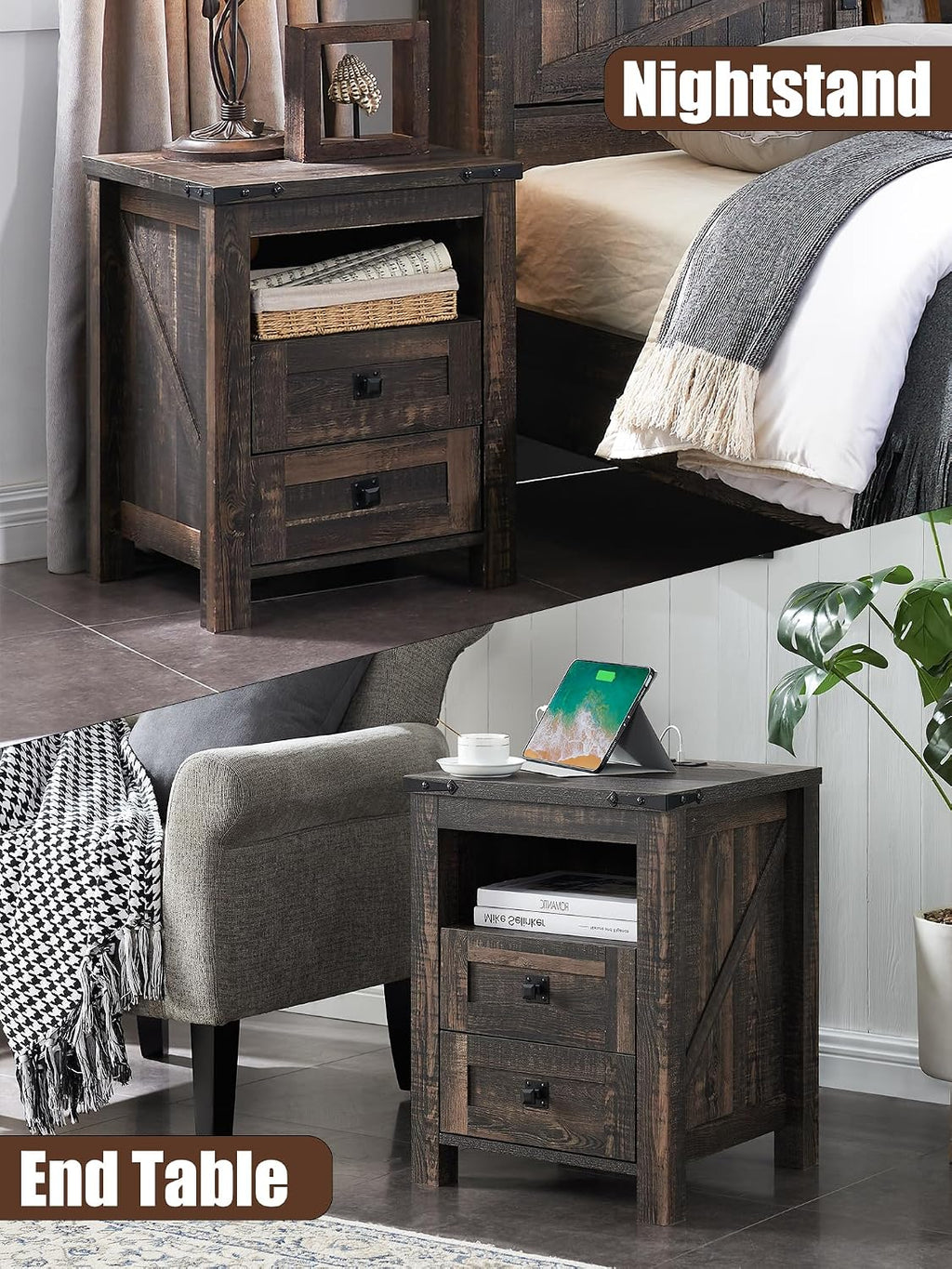 T4TREAM Nightstand with Charging Station, End Table, Side Table with 2 Drawers Storage Cabinet for Bedroom, Living Room, Farmhouse Design, Wood Rustic, Dark Rustic Oak