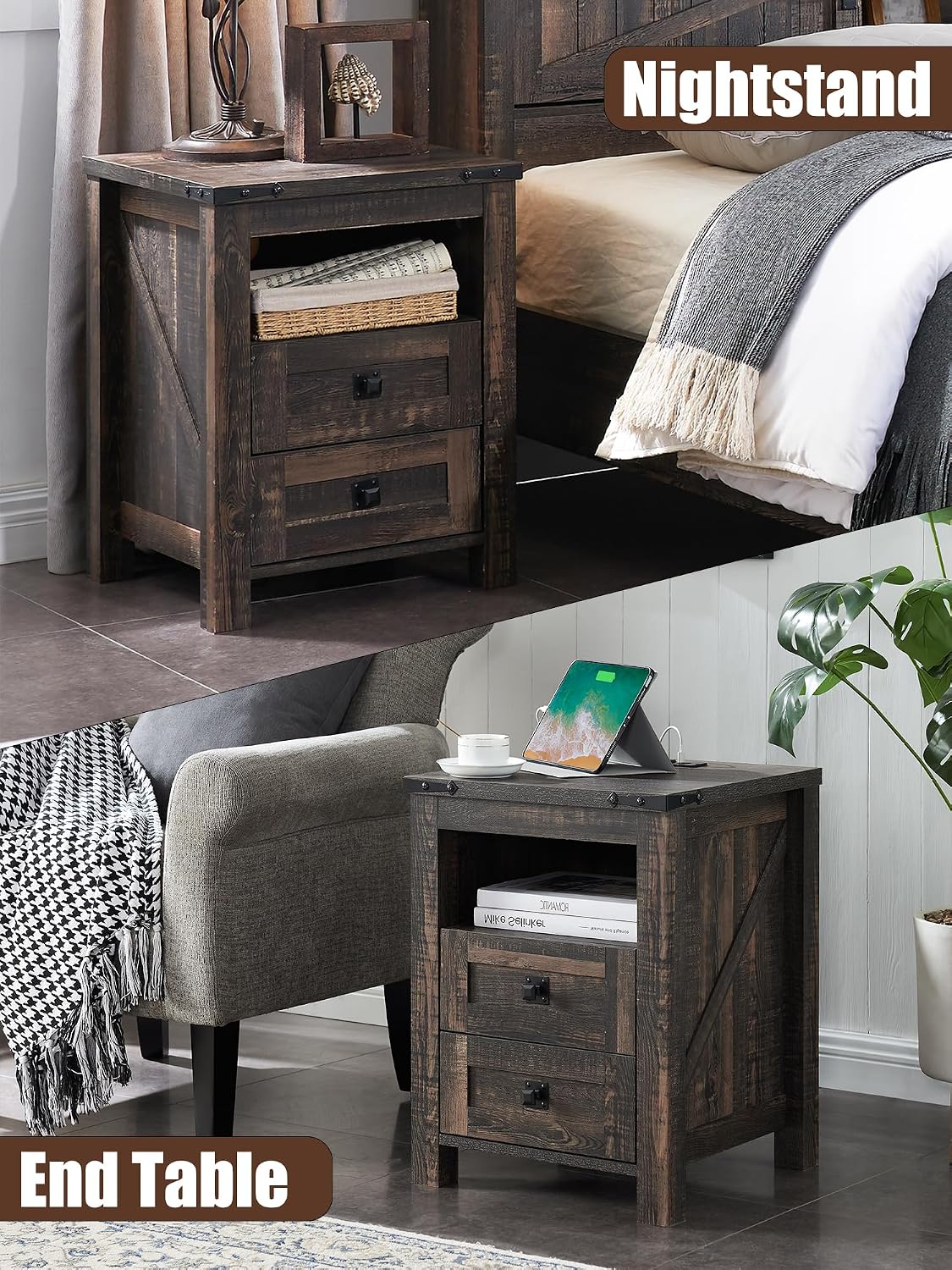T4TREAM Nightstand with Charging Station, End Table, Side Table with 2 Drawers Storage Cabinet for Bedroom, Living Room, Farmhouse Design, Wood Rustic, Dark Rustic Oak