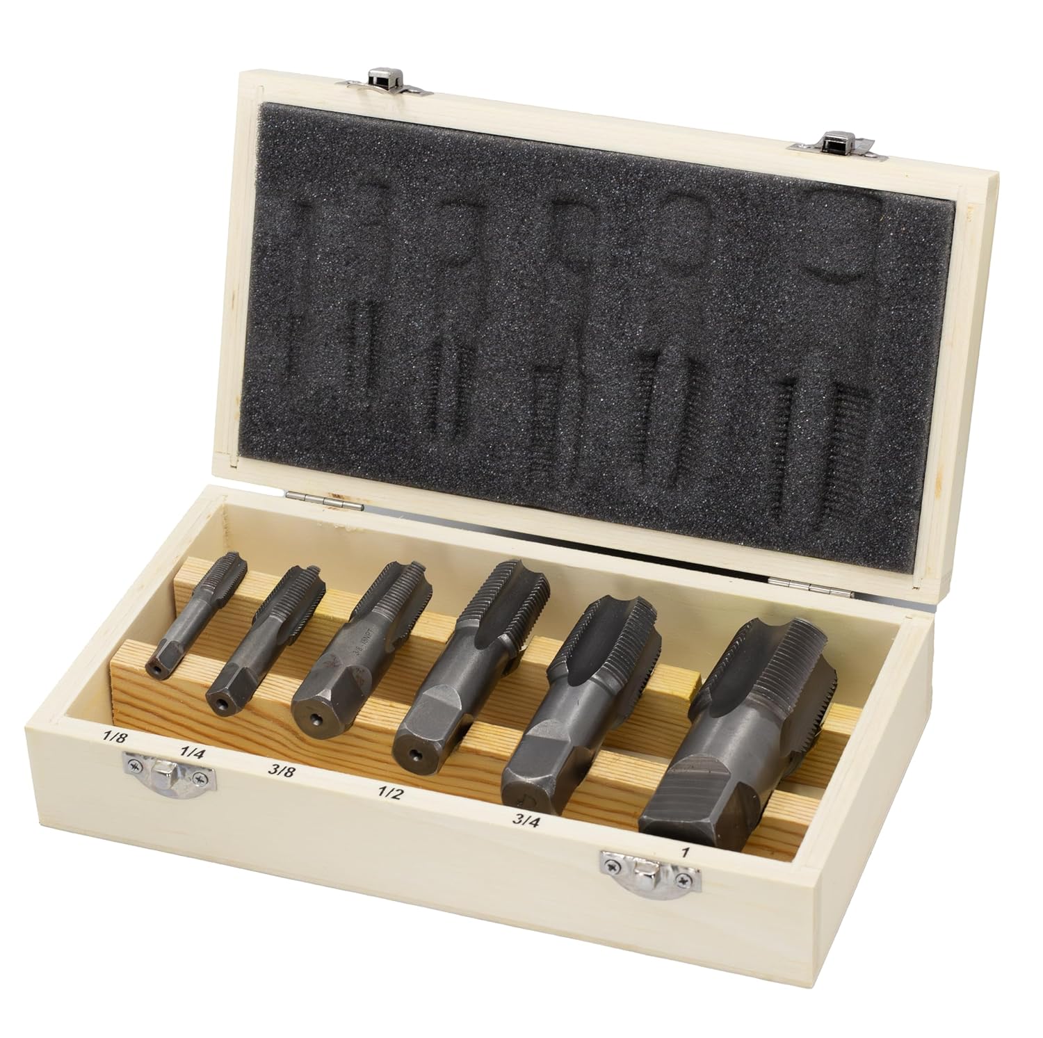 Drill America - DWTHS1/8-1SET 6 Piece NPT Pipe Tap Set in Wooden Case (1/8', 1/4', 3/8', 1/2', 3/4' and 1'), High Speed Steel, DWT Series