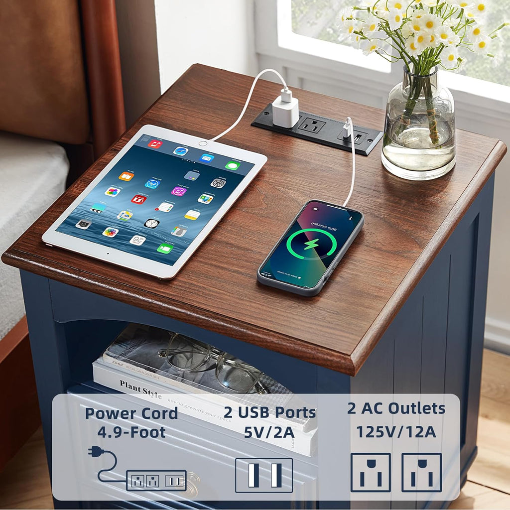 RWYHG 18' Farmhouse Night Stand Set of 2 with Charging Station, Wood Blue Nightstand with 2 Drawers, Bedside End Table with Shelf Storage, Bed Side Tables for Bedroom, Living Room, and Closet