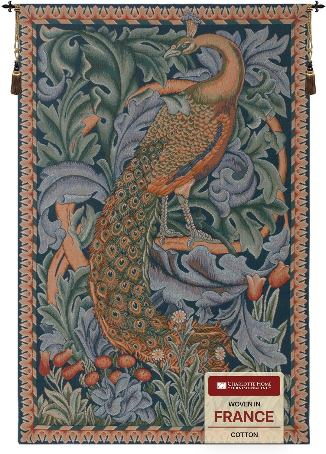 Charlotte Home Furnishings Inc French Boho Tapestry Wall Hanging 29 x 19 in, Peacock Aesthetic Woven Wall Art decor for Living Room Home Decor, European Cotton Jacquard Woven