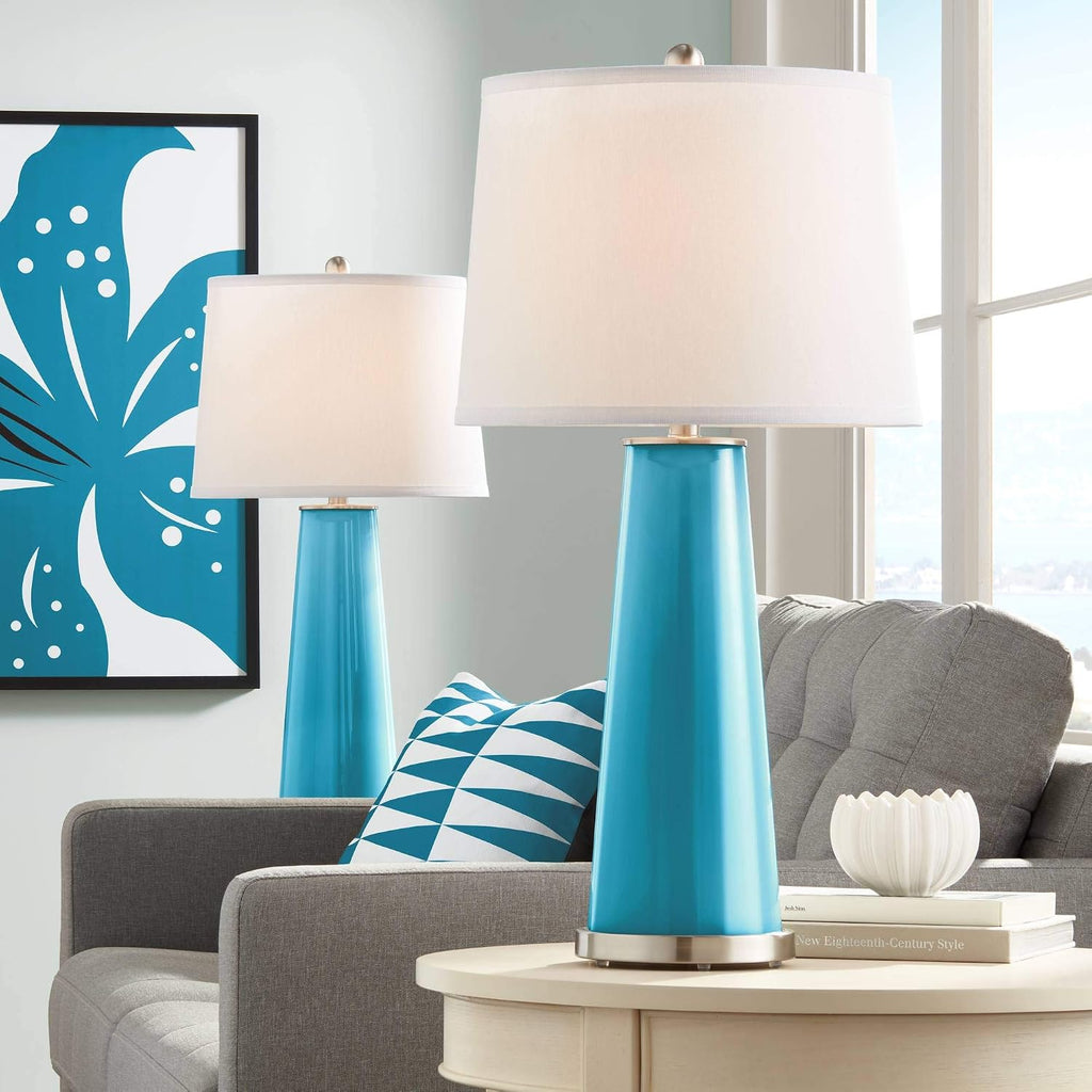 Color + Plus Leo Modern Table Lamps 29 1/2' Tall Set of 2 Caribbean Blue Sea Glass Tapered Column Plain White Drum Shade for Bedroom Living Room House Home Bedside Nightstand Office Family