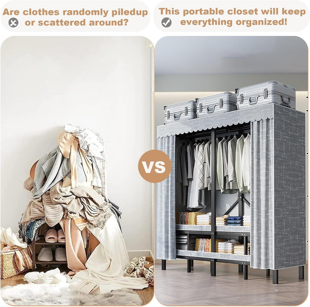 Portable Wardrobe Closet, Collapsible Clothes Rack, Freestanding Garment Rack with Cover, Large Rolling Garment Rack for Hanging Clothes, Coat Storage Organizer (Grey, 49.2in/125cm)