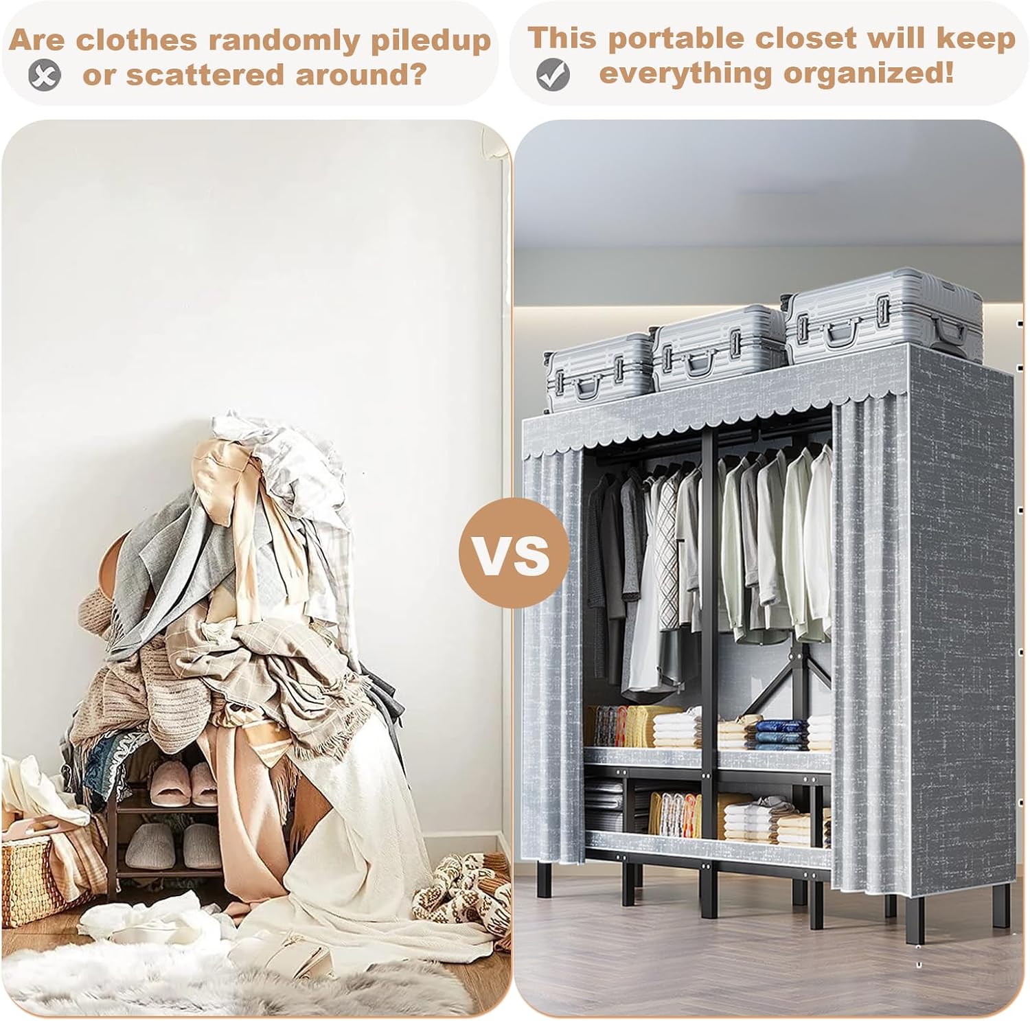 Portable Wardrobe Closet, Collapsible Clothes Rack, Freestanding Garment Rack with Cover, Large Rolling Garment Rack for Hanging Clothes, Coat Storage Organizer (Grey, 49.2in/125cm)