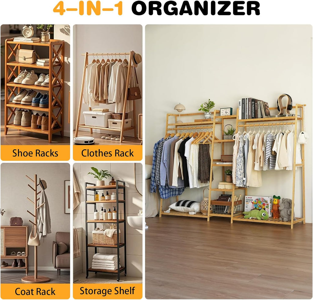 Baveke Bamboo Garment Rack 9 Tier Storage Shelf Coat Clothes Hanging Rack, Portable Wardrobe Closet Organizer With Top Shelf, Shoe Storage Shelves for Bedroom, Natural, FSC-Certified Bamboo