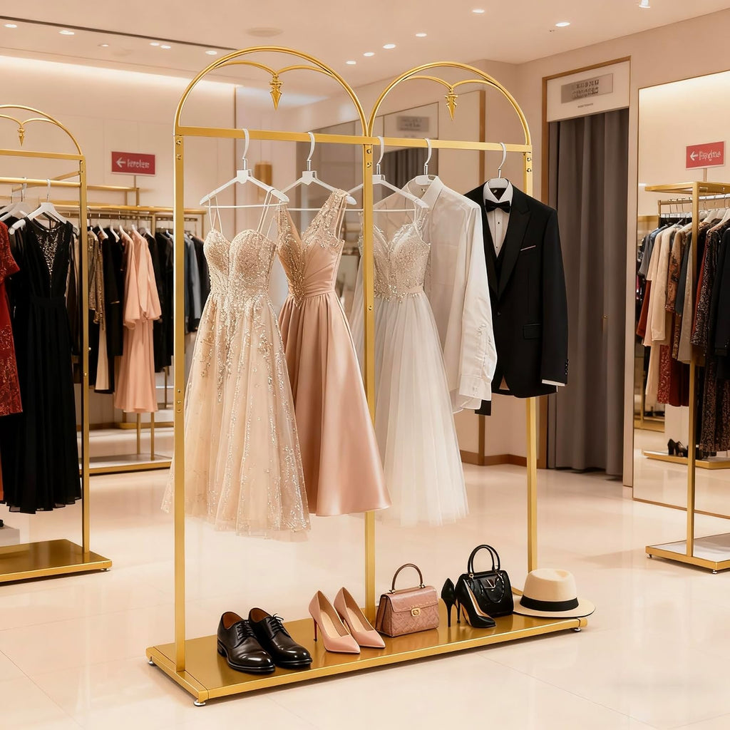 88' Tall Gold Clothing Garment Rack Hanging Long Dresses Racks | Double Rod Bridal Clothes Wedding Dress Rack Gown Shoes Bags Clothes Organizer for Home Boutique Retail Studio