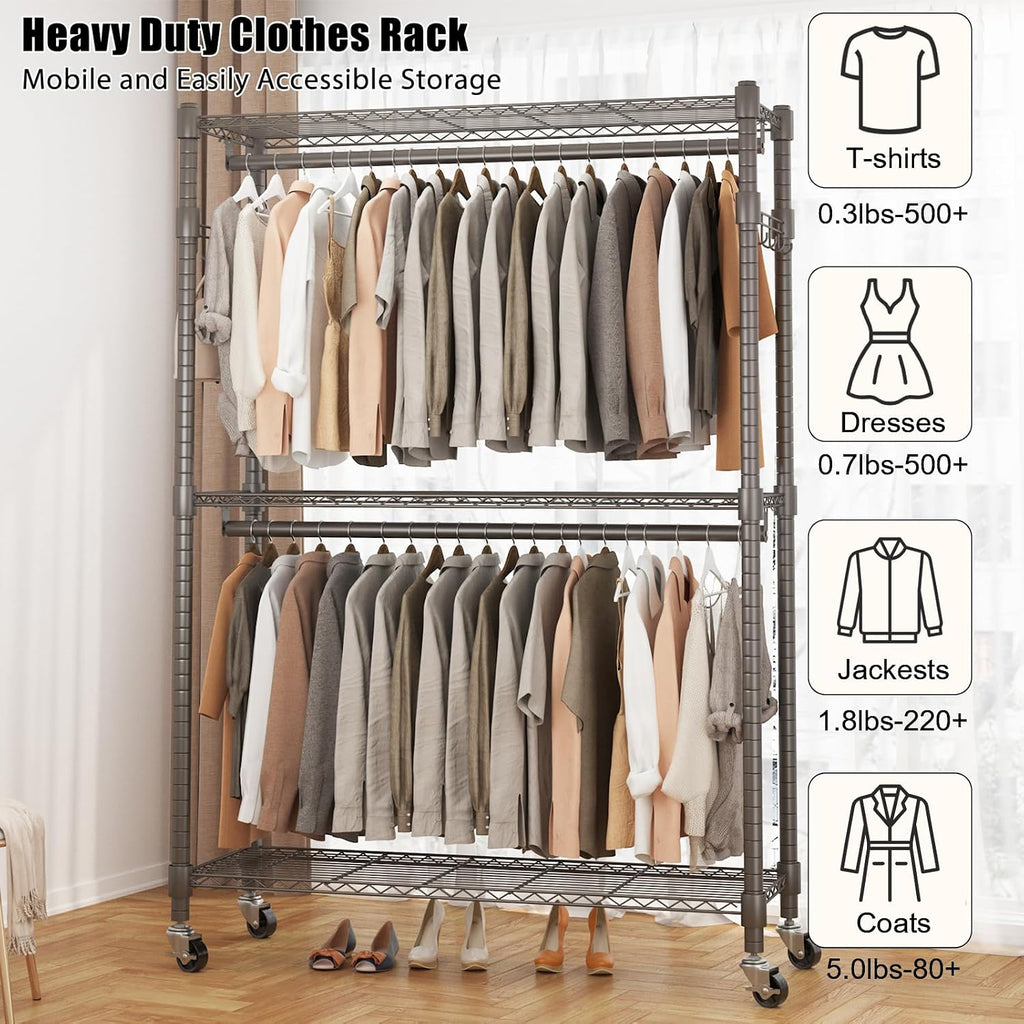 BATHWA Clothes Racks for Hanging Clothes, 25 mm tube Heavy Duty 47.3'W x 17.7'D x 80.7'H Large Wardrobe Rack with Shelves & Wheels Rolling Multifuctional for Bedroom Laundry Walk-in Closet Organizer