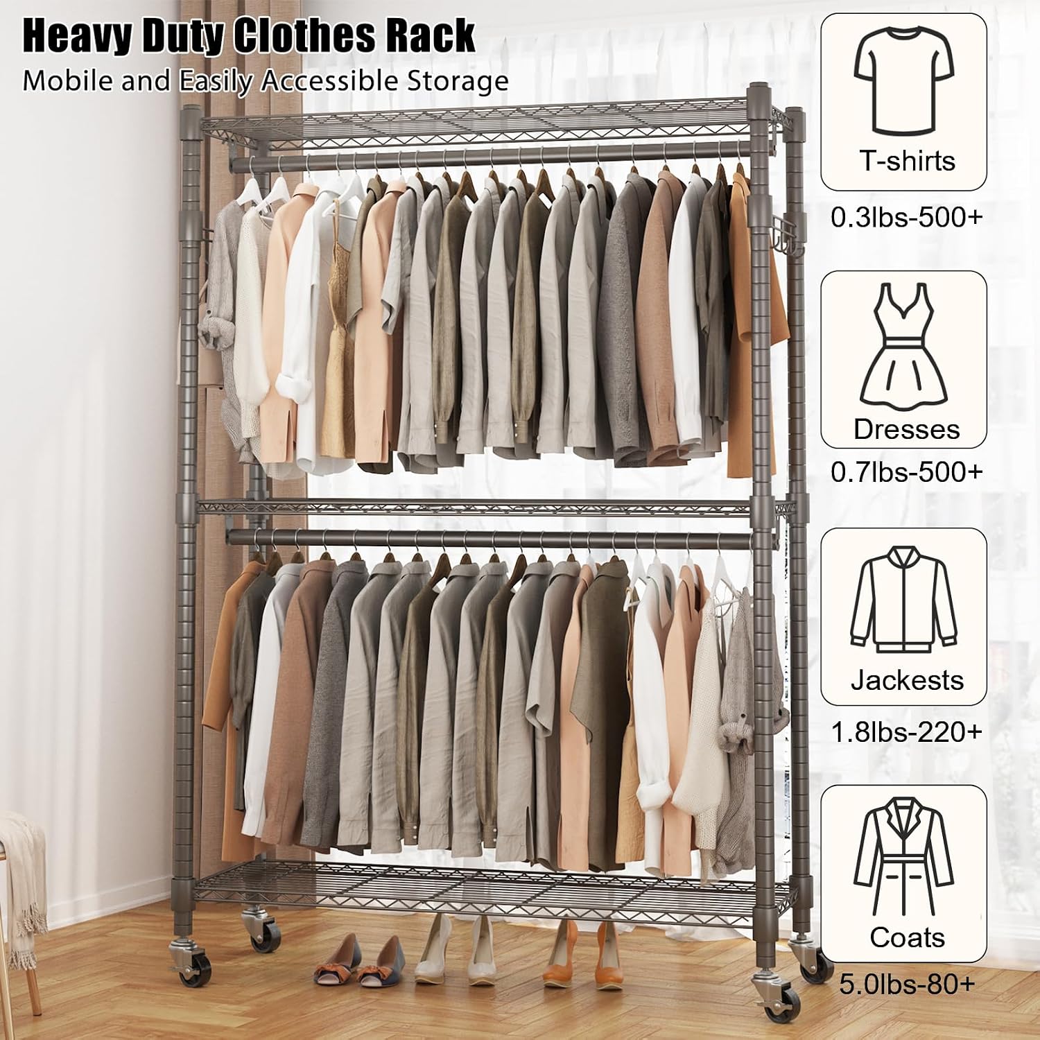 BATHWA Clothes Racks for Hanging Clothes, 25 mm tube Heavy Duty 47.3'W x 17.7'D x 80.7'H Large Wardrobe Rack with Shelves & Wheels Rolling Multifuctional for Bedroom Laundry Walk-in Closet Organizer