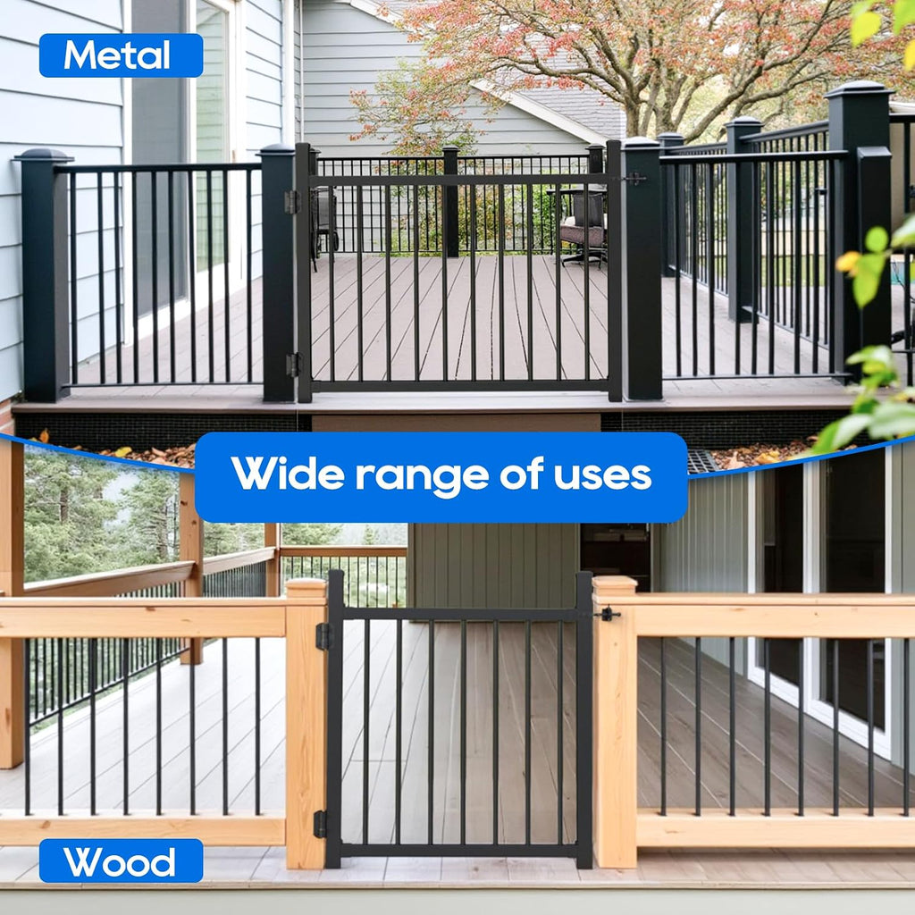 36'x45' Aluminum Gate with Self-Closing Hinges,Round Tube 3/4' pickets,DIY Adjustable Width Black Powder Coated Deck gate Kits Incl. Hinges Latch for Deck Railing Patios Gardens Indoor Outdoor