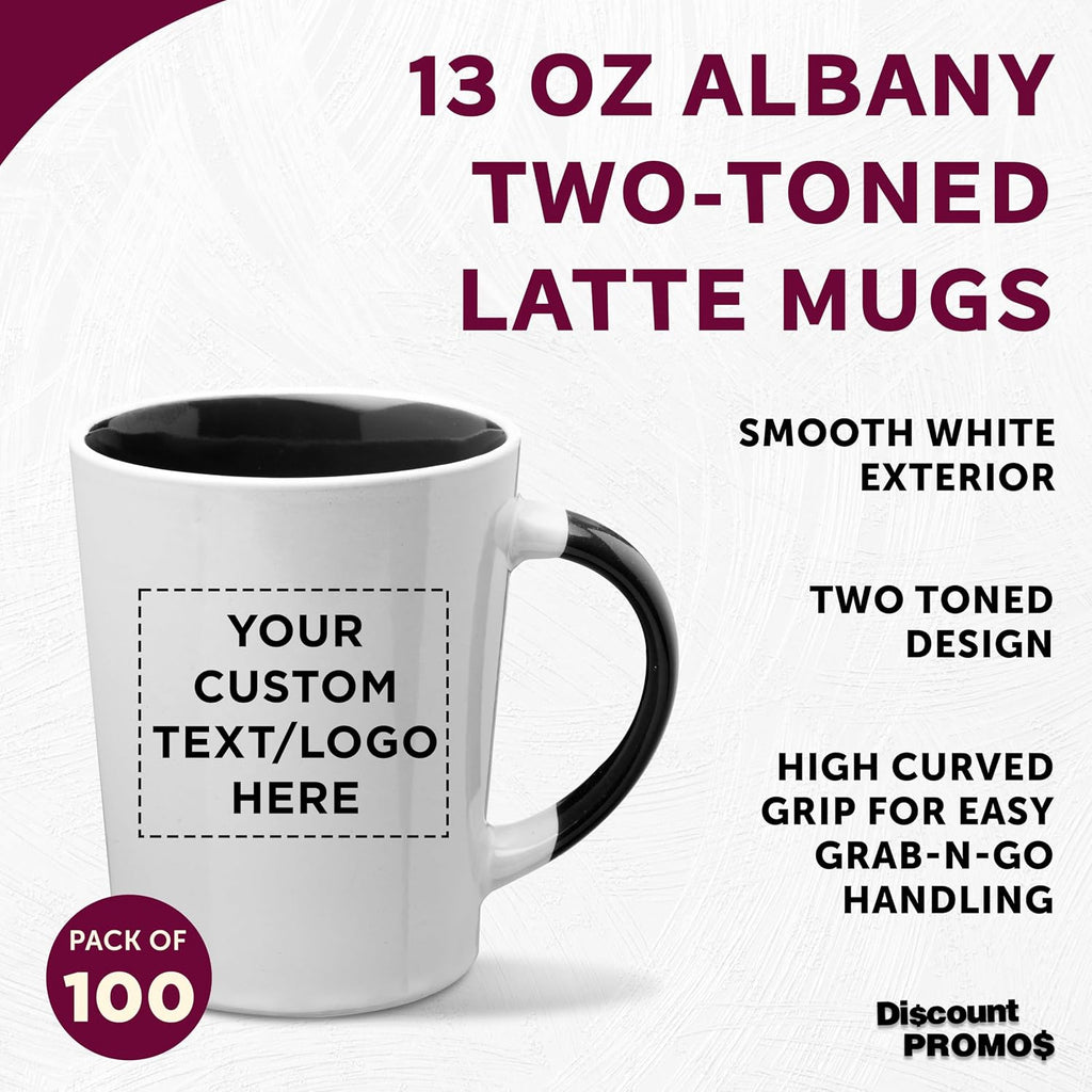 Custom Ceramic Latte Coffee Mugs by Albany 13 oz. Set of 100, Personalized Bulk Pack - Perfect for Coffee, Tea, Espresso, Hot Cocoa, Other Beverages - Black