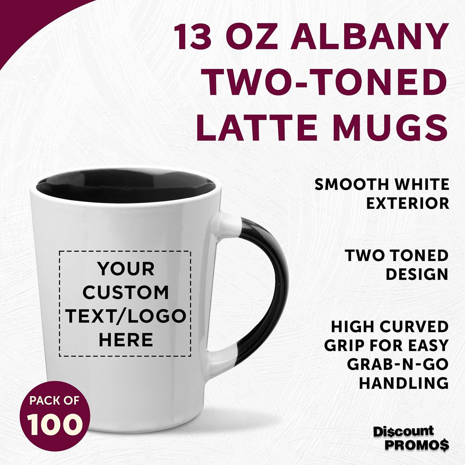 Custom Ceramic Latte Coffee Mugs by Albany 13 oz. Set of 100, Personalized Bulk Pack - Perfect for Coffee, Tea, Espresso, Hot Cocoa, Other Beverages - Black
