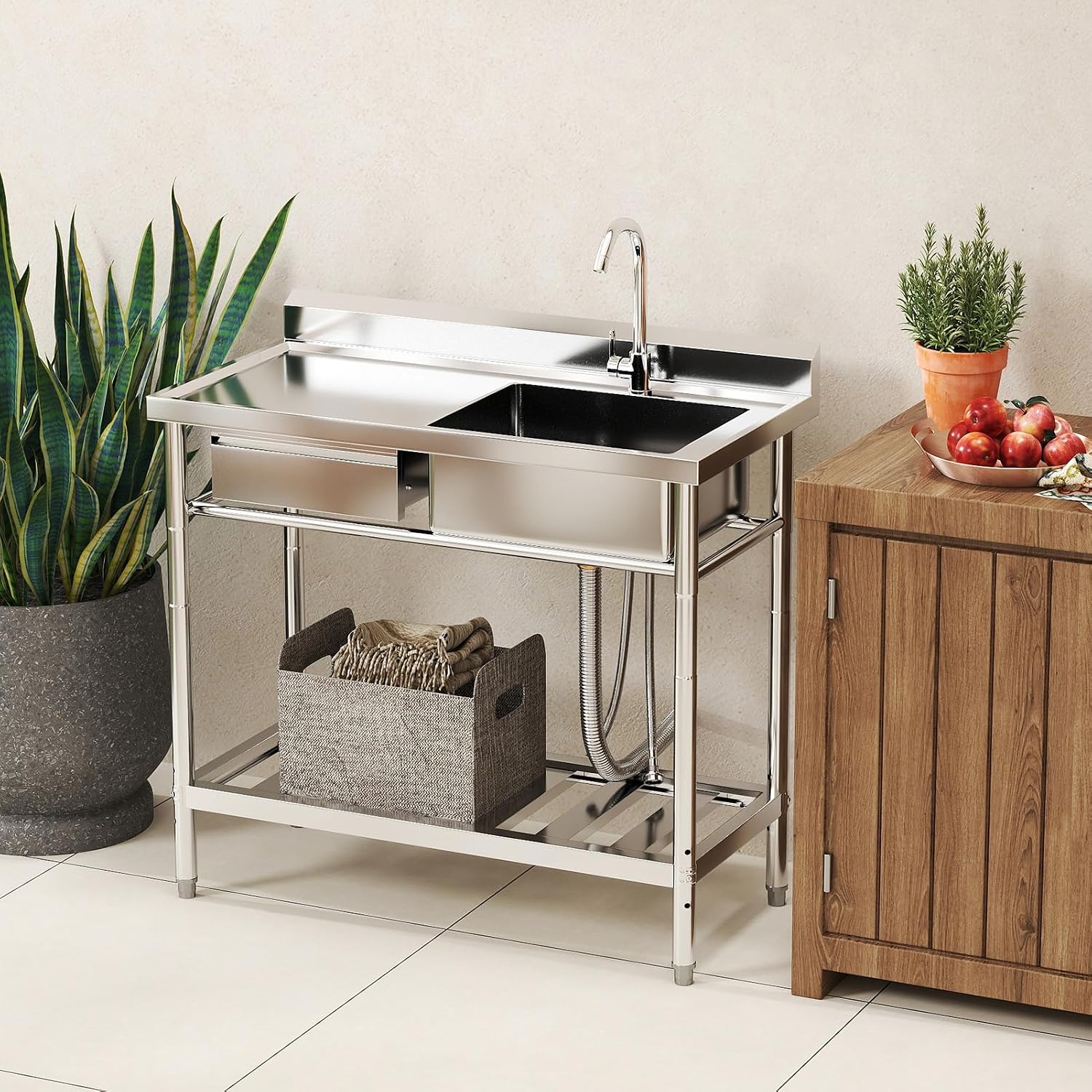 Stainless Steel Utility Sink, 39'' Free Standing Single Bowl Kitchen Sink with Left Drawer, Cold and Hot Water Pipe, Indoor and Outdoor for Laundry Room Farmhouse Kitchen(39 inch)