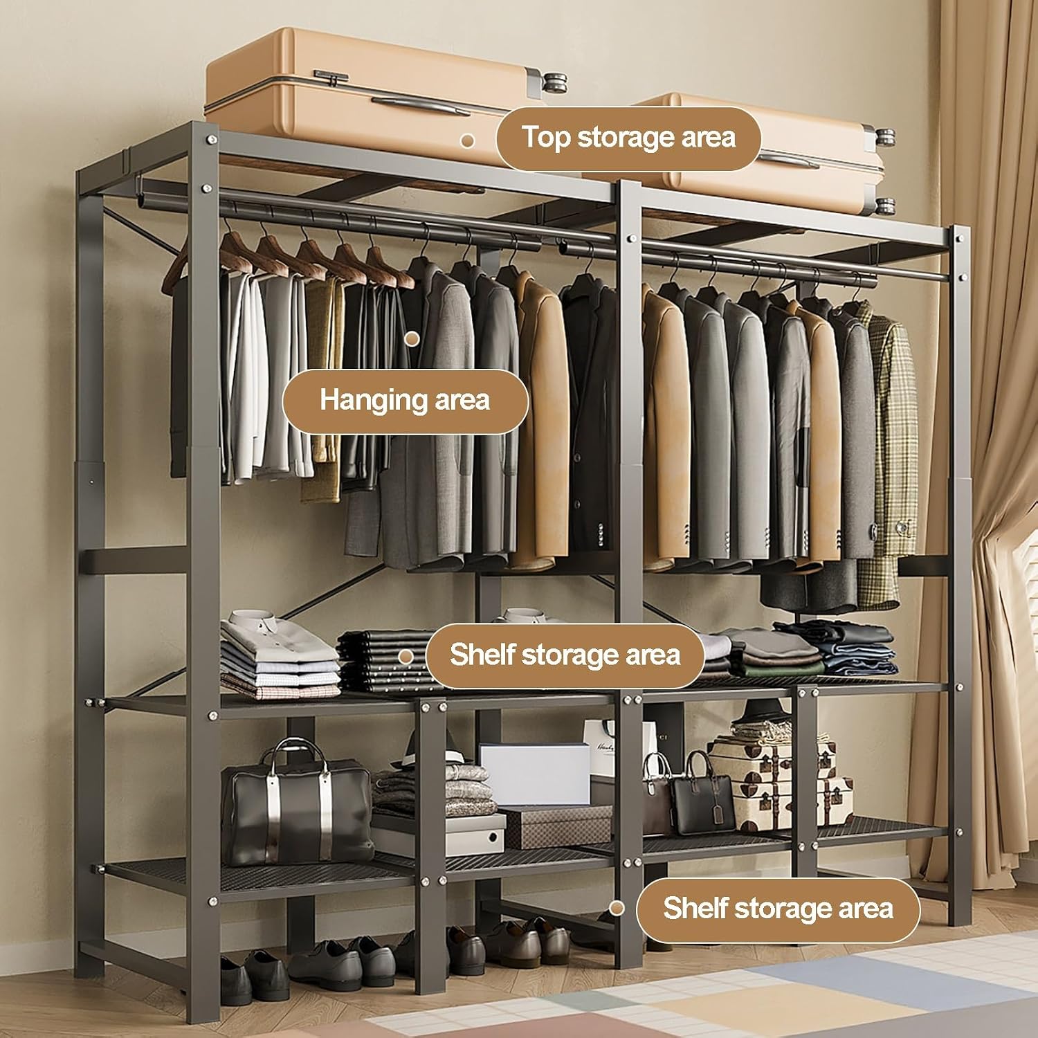 Foldable Wardrobe Closets For Hanging Clothes, Heavy-Duty Garment Rack With Cover, Folding Metal Clothing Racks, Covered Clothes Organizer Enclosed Armoires For Bedroom(A,90cm/35.4in)