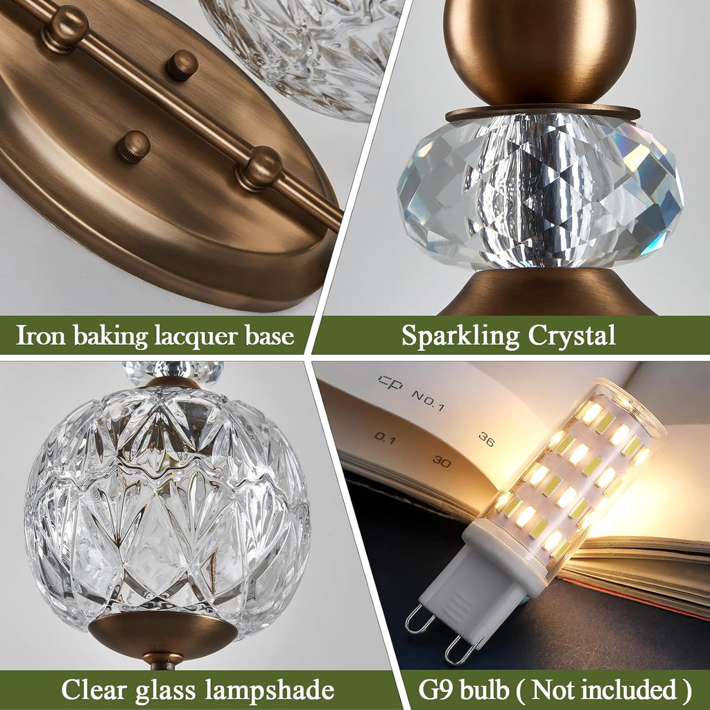 Piepooye Vintage Gold Wall Sconce Set of Two Mid Century Brushed Brass with Glass Globe Shade Vanity Light Indoor G9 Bulb Wall Light for Bathroom Farmhouse Bedroom Living Room Hallway