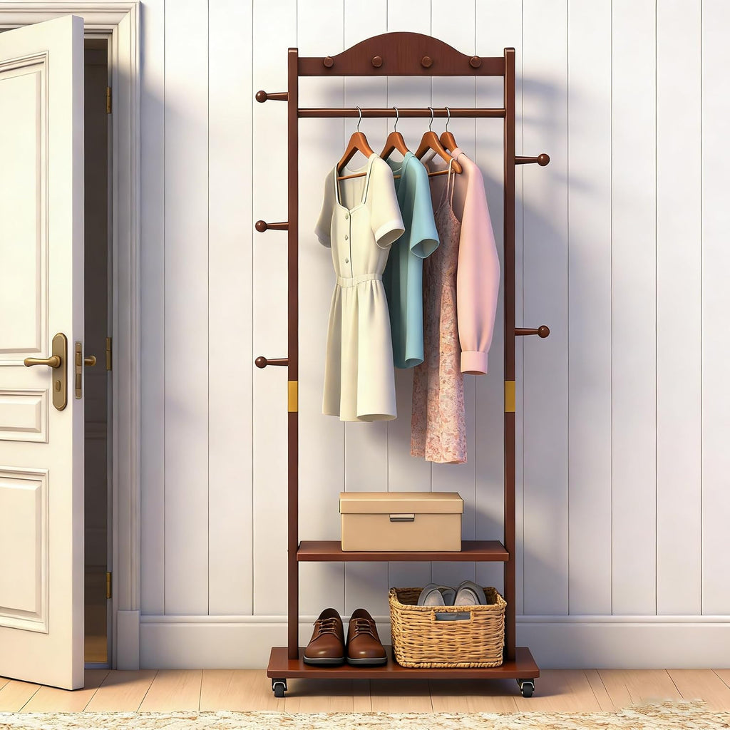 Solid Wood Clothing Rack, 2 Shelves Storage & 9 Hooks Heavy Duty Coat Rack Freestanding Wheels Clothes Rack Coat Tree Stand Hat Hanger Rack for Home Corner, Walnut