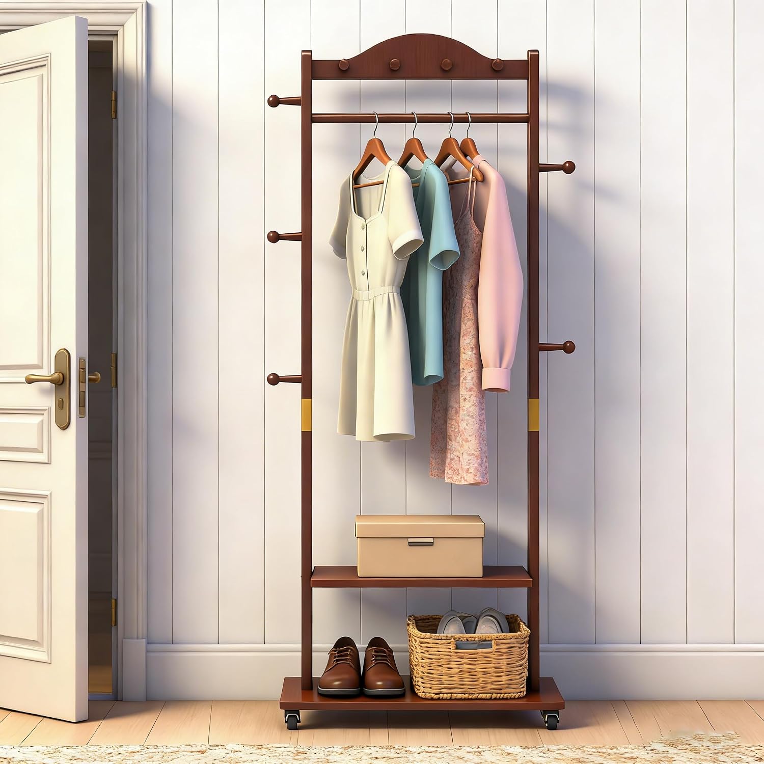 Solid Wood Clothing Rack, 2 Shelves Storage & 9 Hooks Heavy Duty Coat Rack Freestanding Wheels Clothes Rack Coat Tree Stand Hat Hanger Rack for Home Corner, Walnut