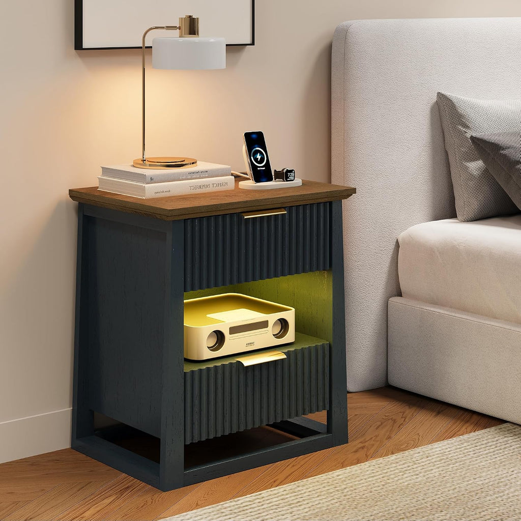 HIFYOBRO Fluted End Table Set of 2 with Charging Station and Motion Sensor Light, Modern Blue Side Tables with 2 Drawers and Storage Shelf for Living Room, Bedroom, Guest Room