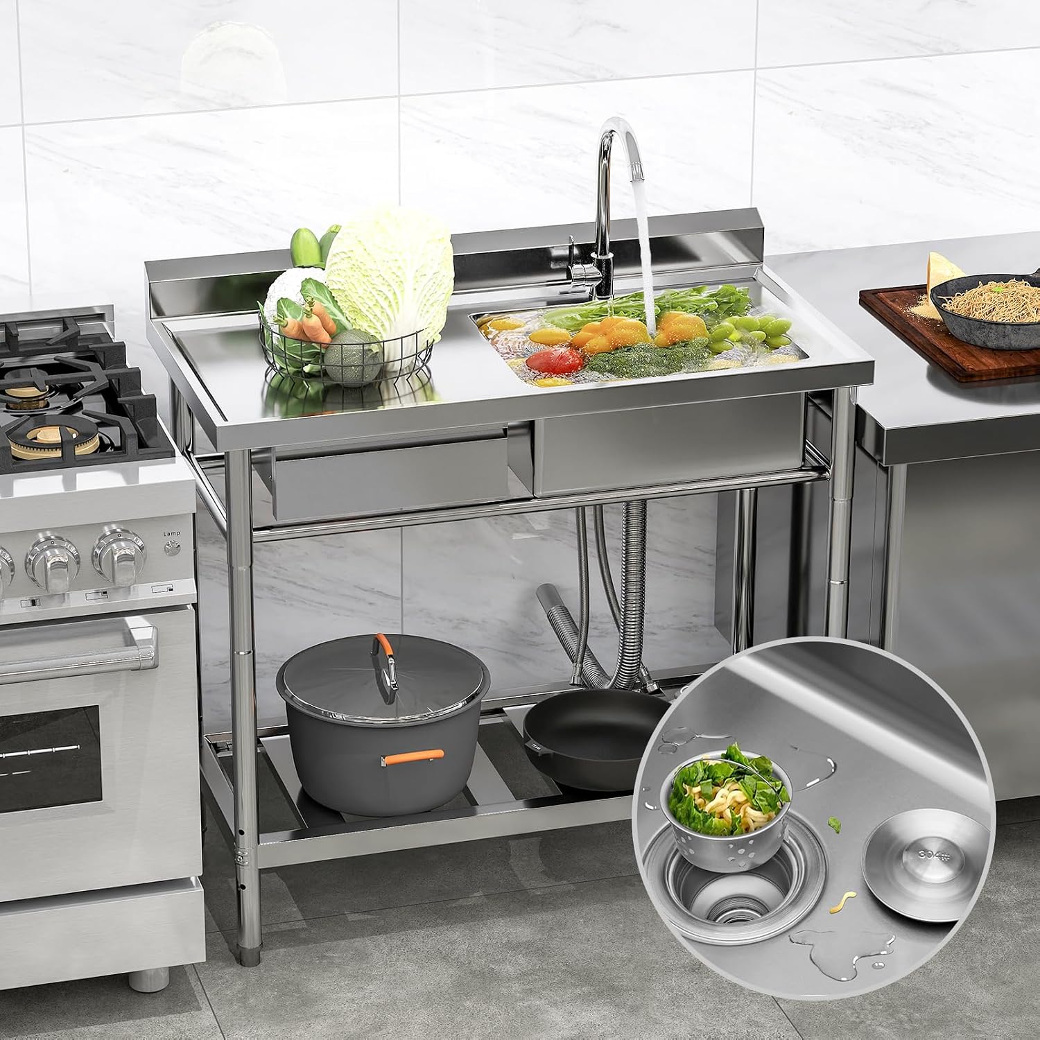 Stainless Steel Utility Sink, 39'' Free Standing Single Bowl Kitchen Sink with Left Drawer, Cold and Hot Water Pipe, Indoor and Outdoor for Laundry Room Farmhouse Kitchen(39 inch)