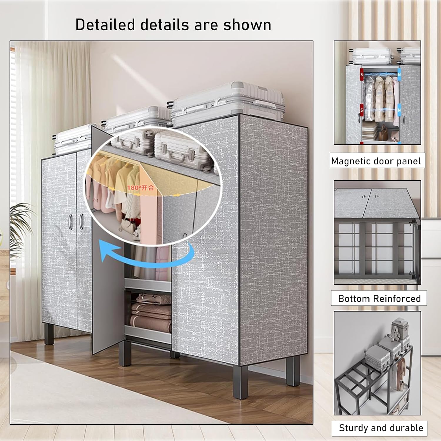 Foldable Portable Wardrobe On Wheels, Freestanding Garment Rack, with Magnetic Door 2000lbs, Heavy Duty Clothes Rack, for Bedroom Closet Systems (Grey, 85CM/33.4IN)