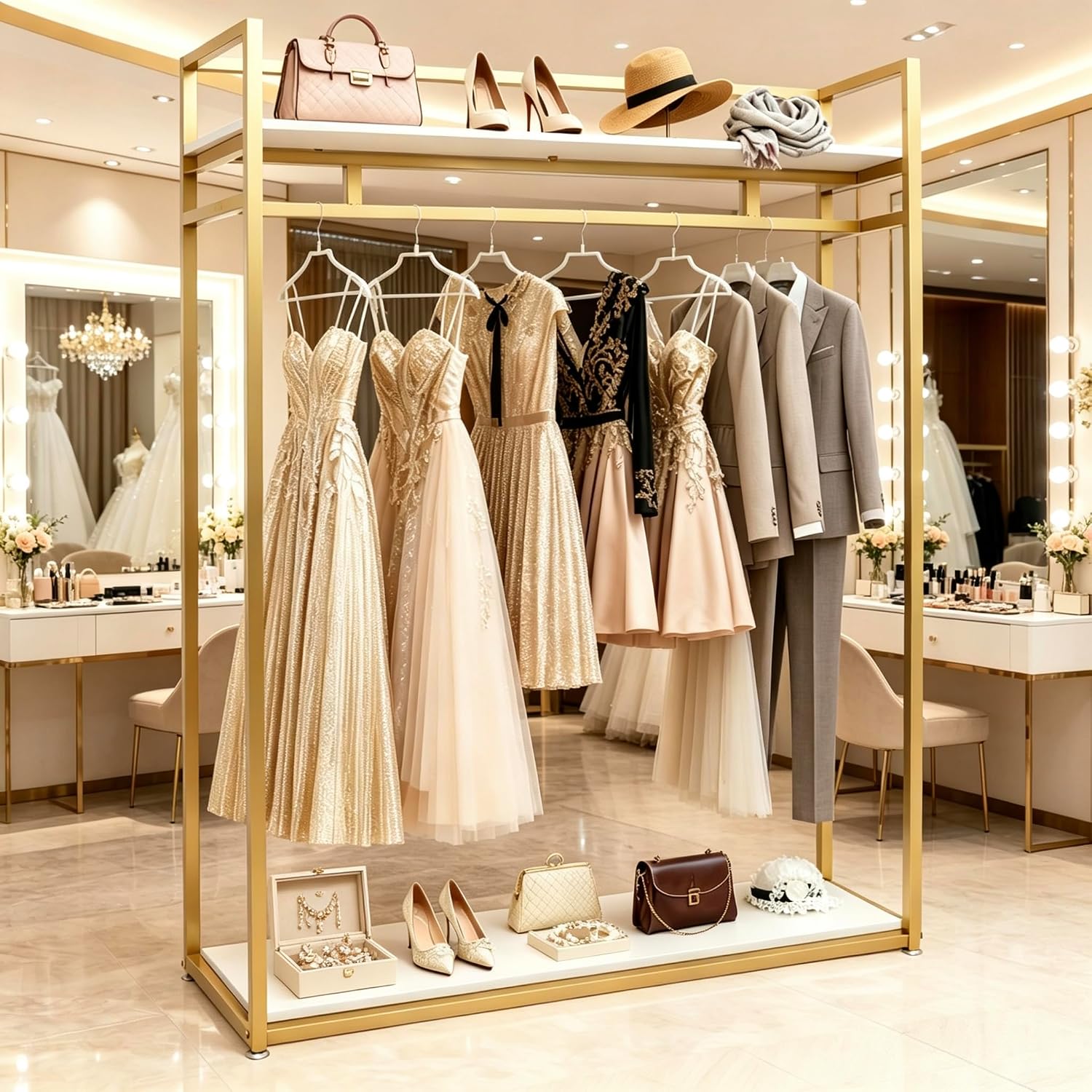 71' Tall Gold Clothing Racks Boutiques Retail Display Stand | Wedding Dress Rack Heavy Duty Garment Rack Standing Dress Racks for Hanging Long Dresses Clothes Shoes Bags Organizer