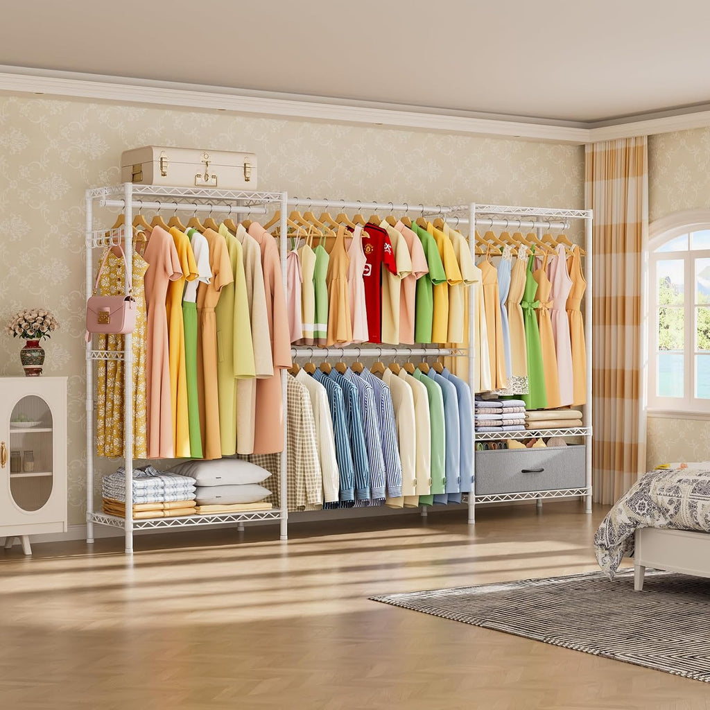 Golpart Coat Rack Clothes Wardrobe：Closet Organizer and Storage Clothing Garment Rack with Shelves Heavy Duty for Hanging Clothes Portable Adjustable White 15.8' DX(70-88)' WX76.5 H